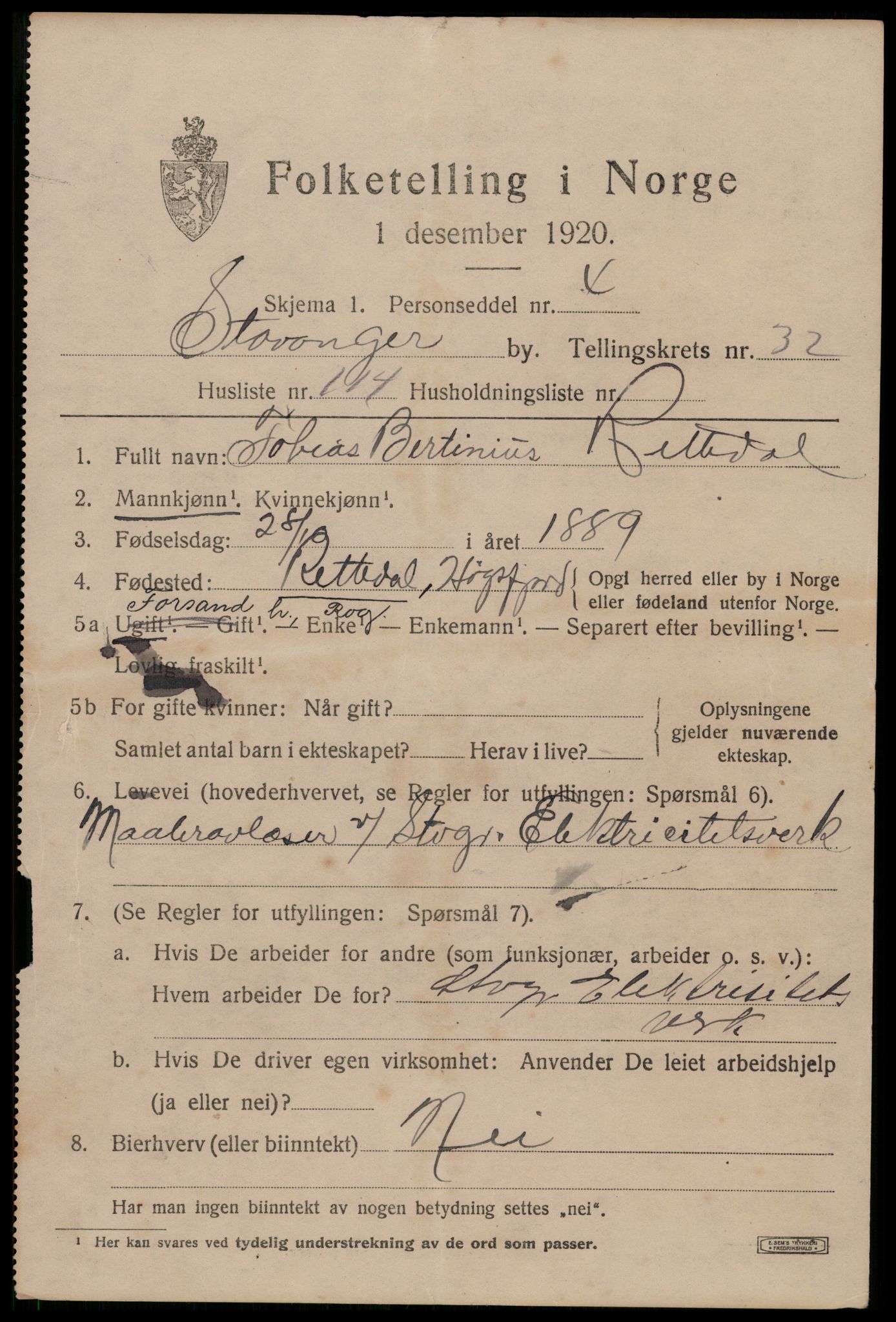 SAST, 1920 census for Stavanger, 1920, p. 90698