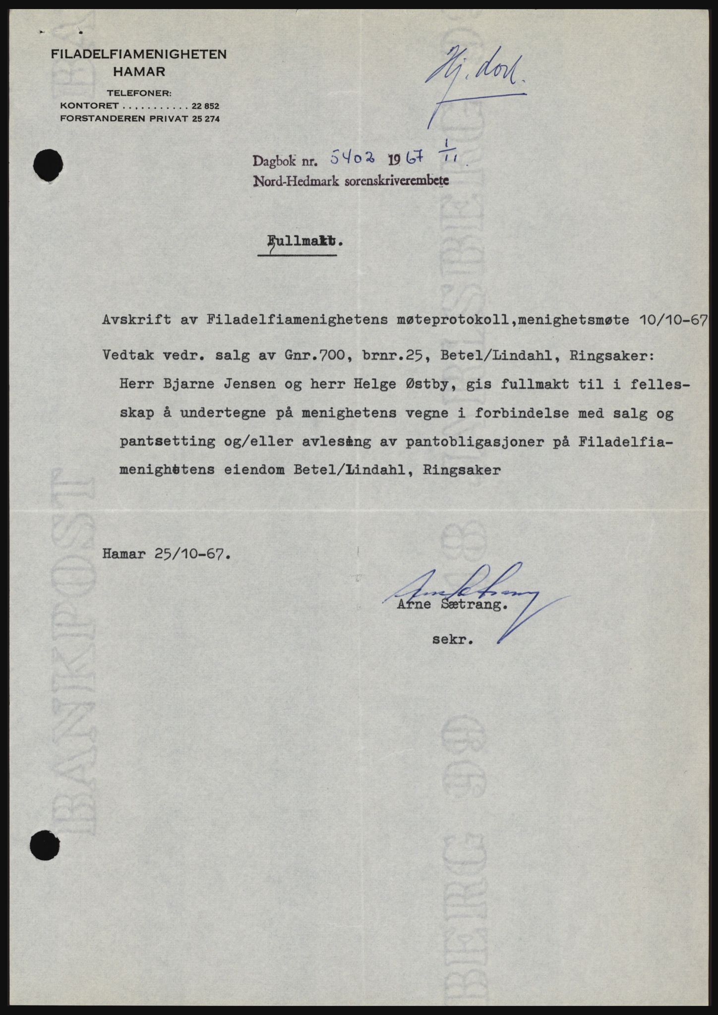 Nord-Hedmark sorenskriveri, SAH/TING-012/H/Hc/L0027: Mortgage book no. 27, 1967-1968, Diary no: : 5402/1967