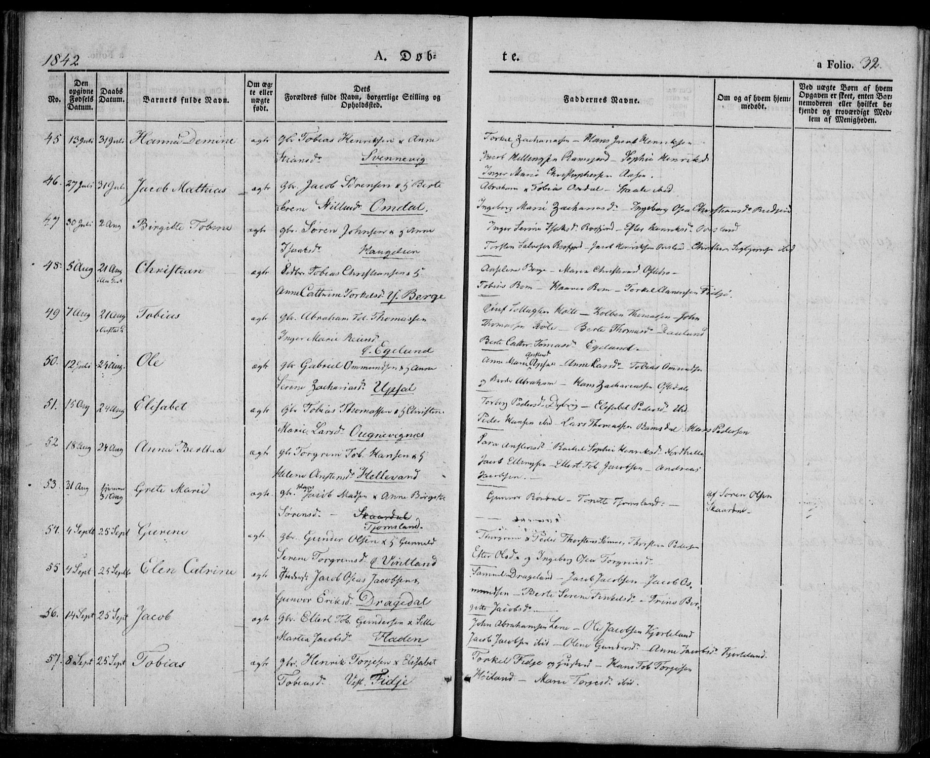 Lyngdal sokneprestkontor, AV/SAK-1111-0029/F/Fa/Fac/L0008: Parish register (official) no. A 8, 1837-1852, p. 32