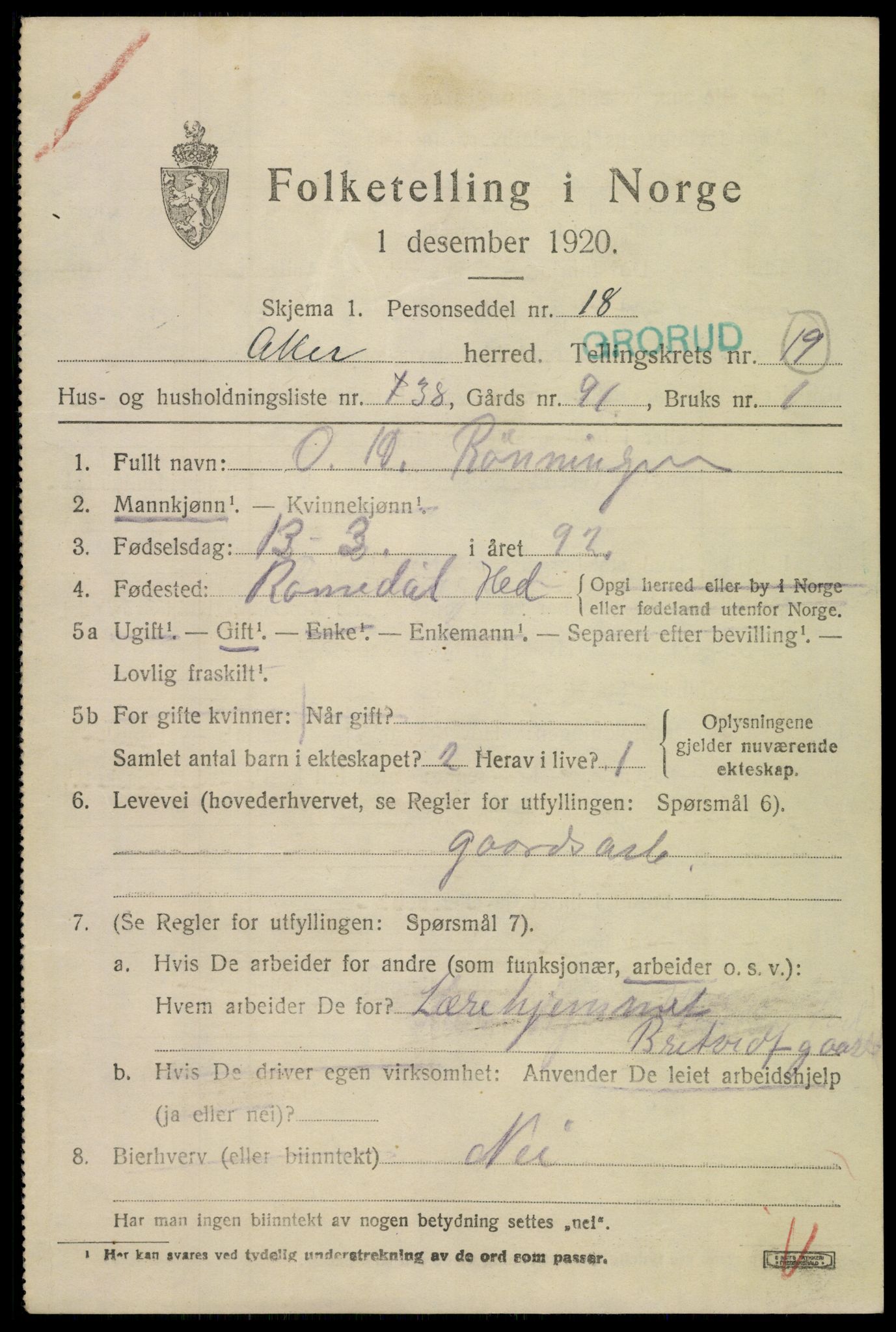 SAO, 1920 census for Aker, 1920, p. 117392