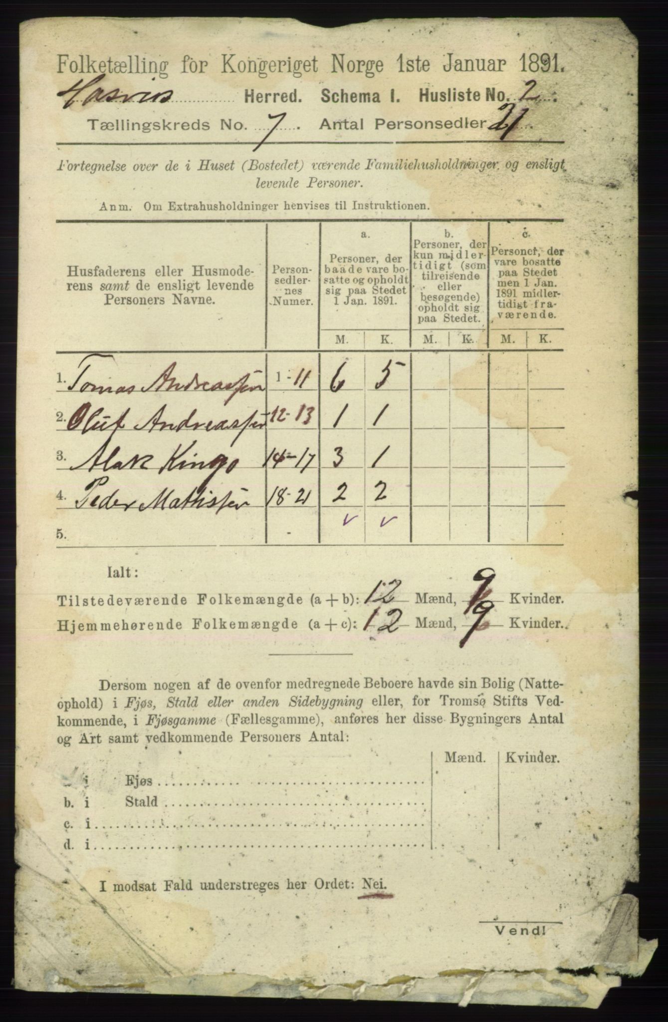 RA, 1891 census for 2015 Hasvik, 1891, p. 963