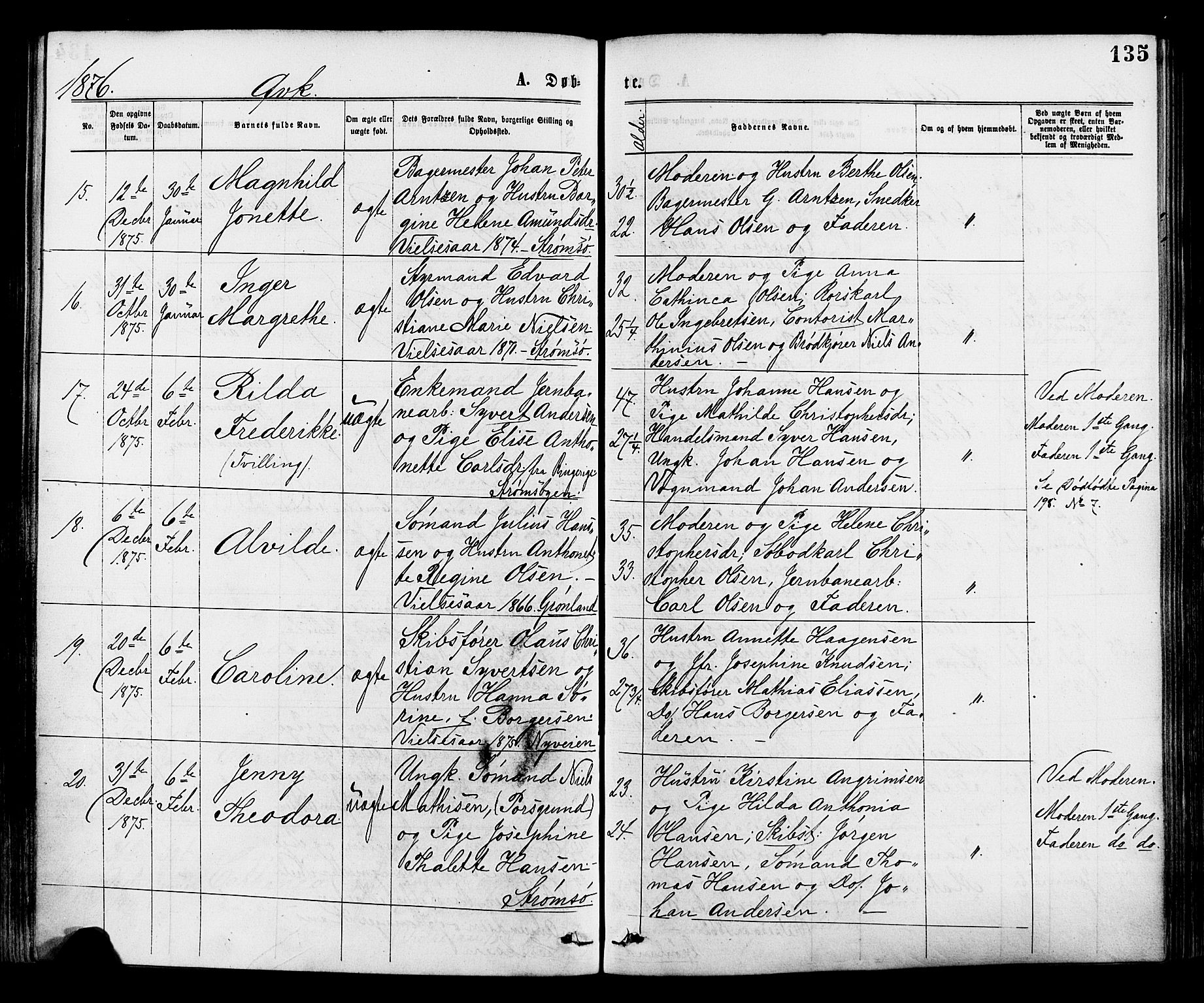 Strømsø kirkebøker, AV/SAKO-A-246/F/Fa/L0019: Parish register (official) no. I 19, 1874-1877, p. 135