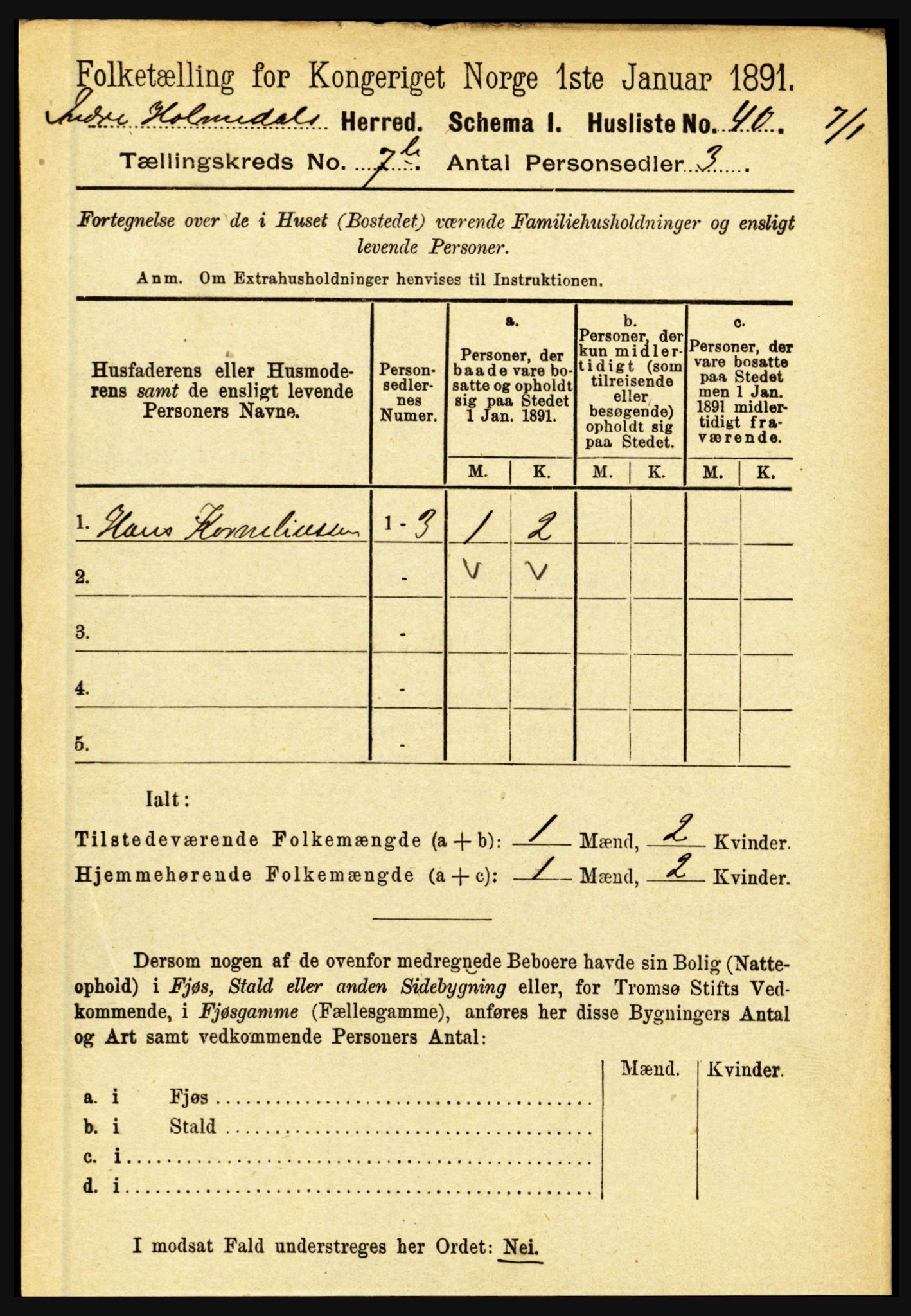 RA, 1891 census for 1430 Indre Holmedal, 1891, p. 3029