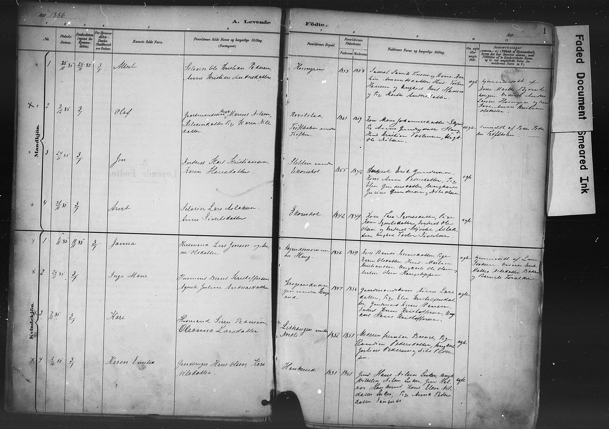 Nord-Odal prestekontor, AV/SAH-PREST-032/H/Ha/Haa/L0006: Parish register (official) no. 6, 1886-1901, p. 1