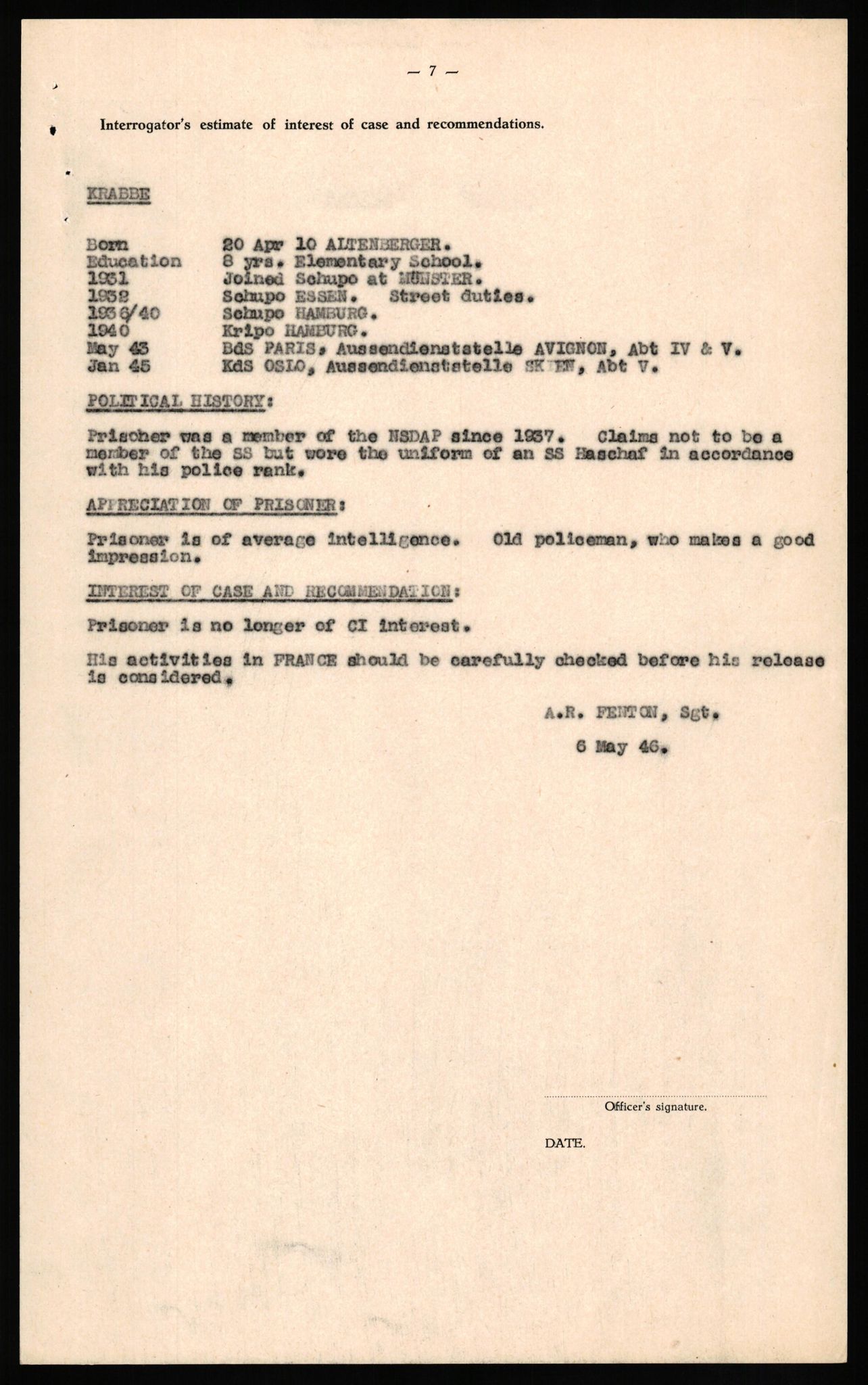 Forsvaret, Forsvarets overkommando II, AV/RA-RAFA-3915/D/Db/L0018: CI Questionaires. Tyske okkupasjonsstyrker i Norge. Tyskere., 1945-1946, p. 9