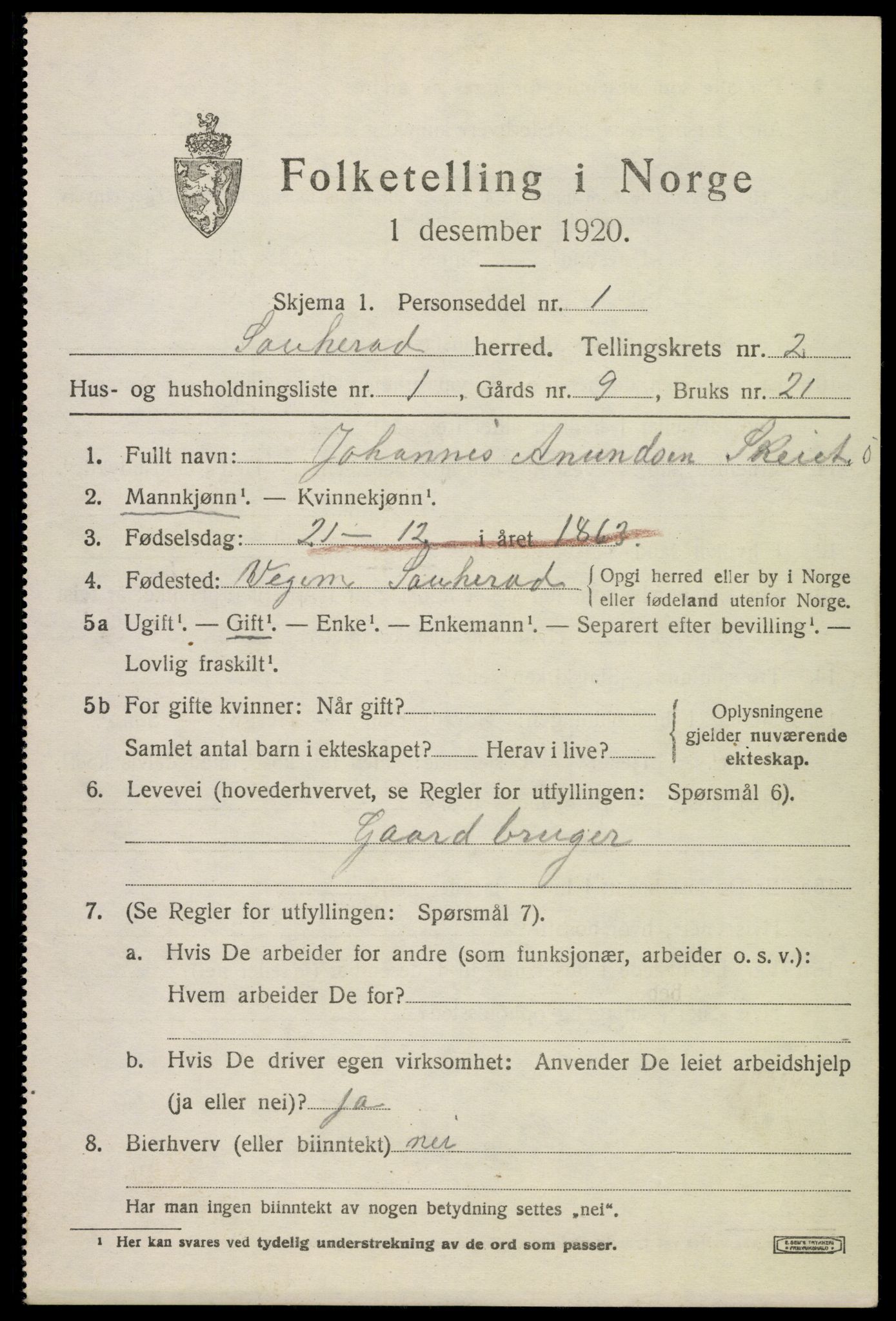 SAKO, 1920 census for Sauherad, 1920, p. 2311