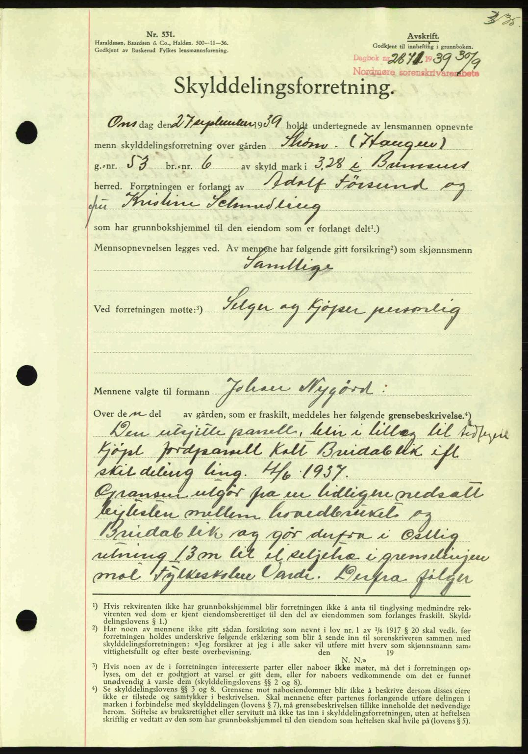 Nordmøre sorenskriveri, AV/SAT-A-4132/1/2/2Ca: Mortgage book no. A87, 1939-1940, Diary no: : 2871/1939