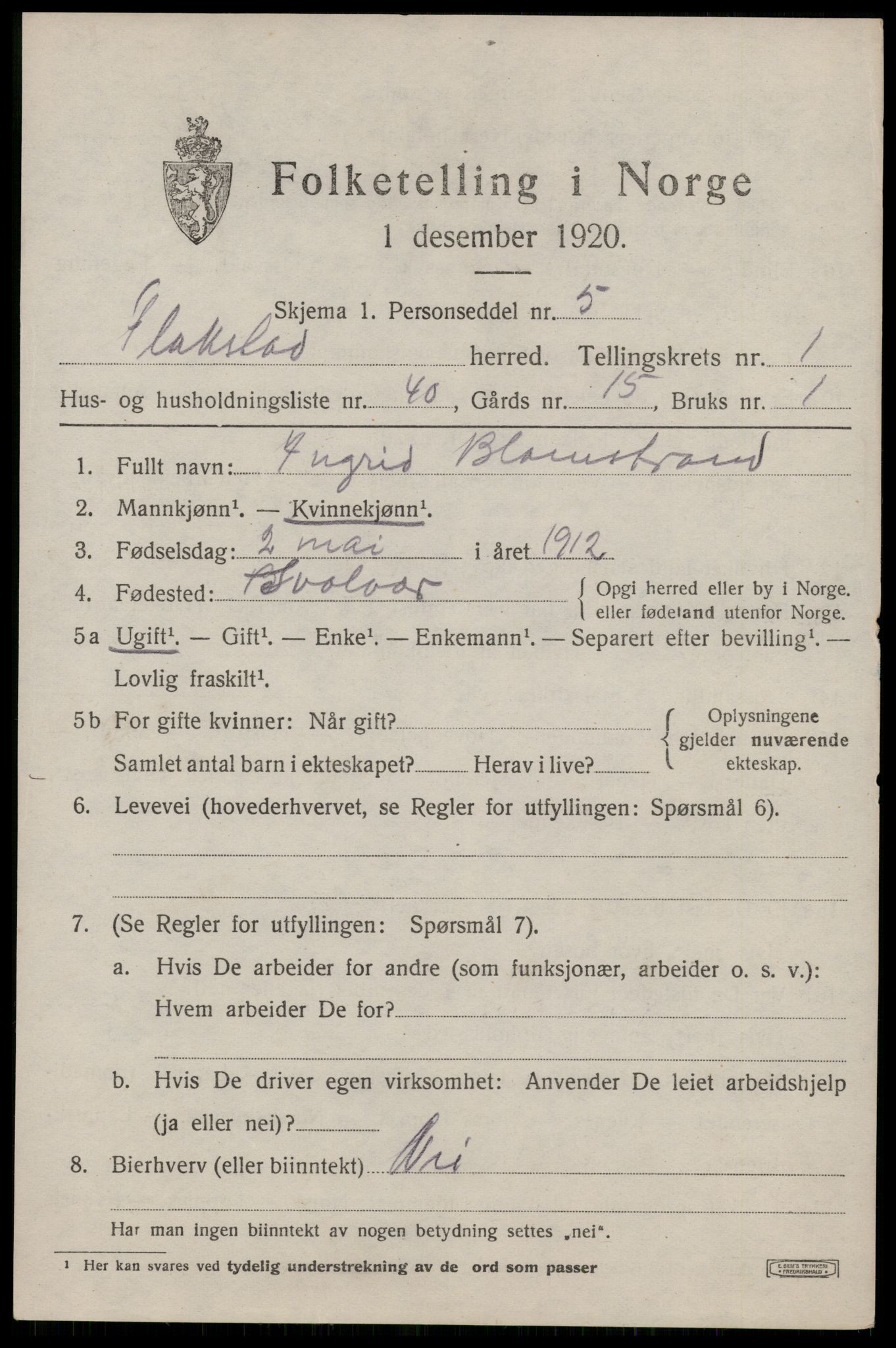 SAT, 1920 census for Flakstad, 1920, p. 1035