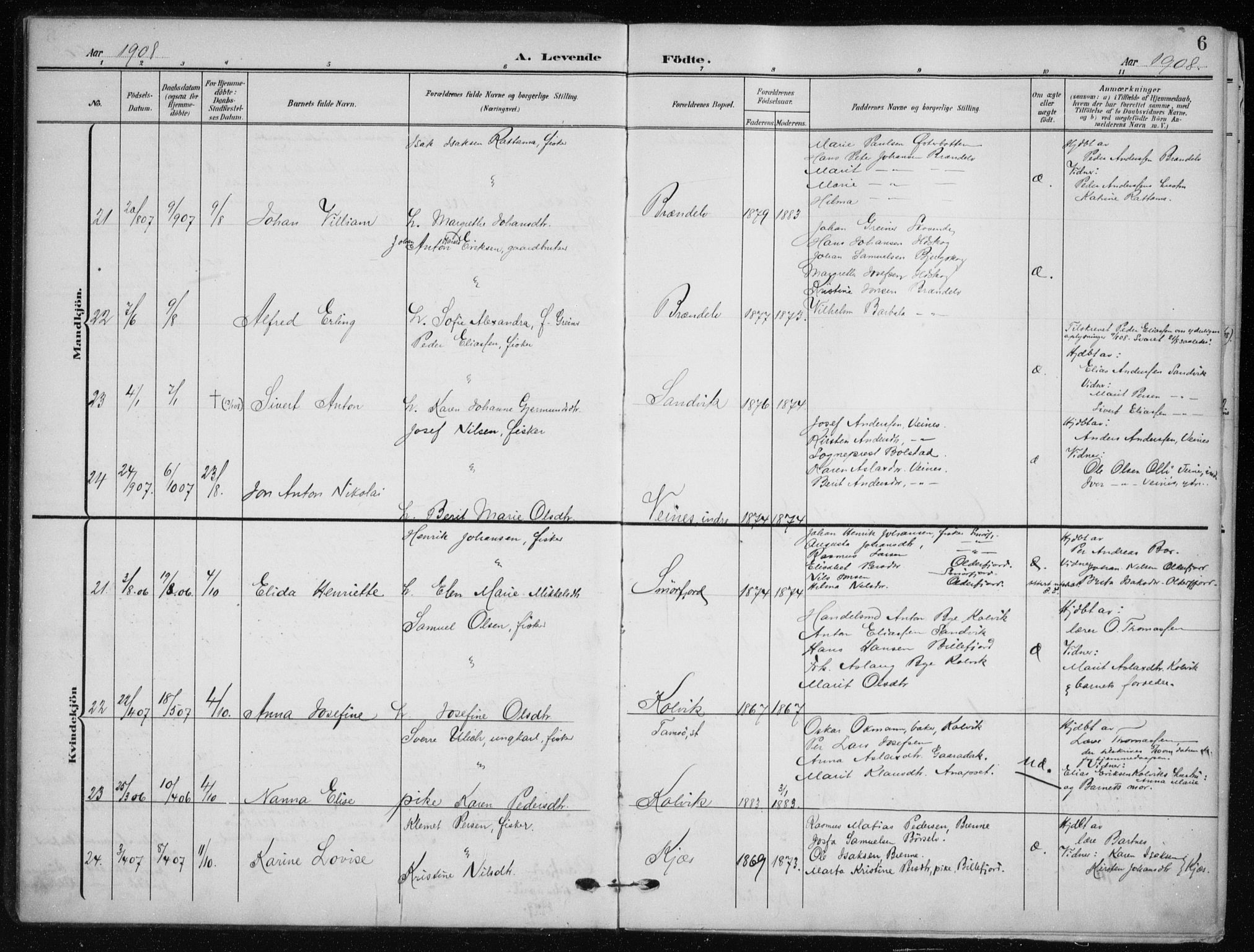 Kistrand/Porsanger sokneprestembete, AV/SATØ-S-1351/H/Ha/L0014.kirke: Parish register (official) no. 14, 1908-1917, p. 6