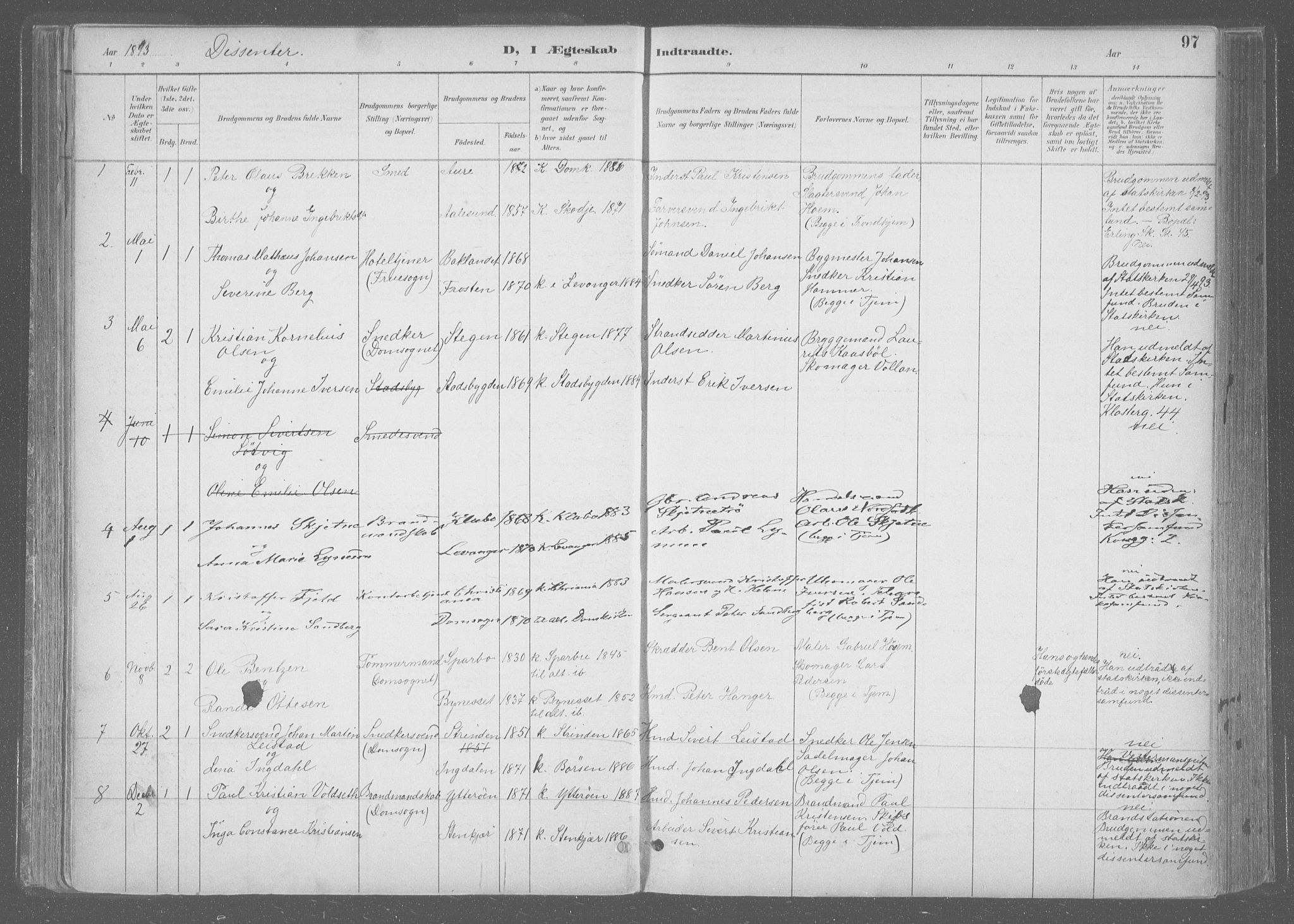 Ministerialprotokoller, klokkerbøker og fødselsregistre - Sør-Trøndelag, SAT/A-1456/601/L0064: Parish register (official) no. 601A31, 1891-1911, p. 97