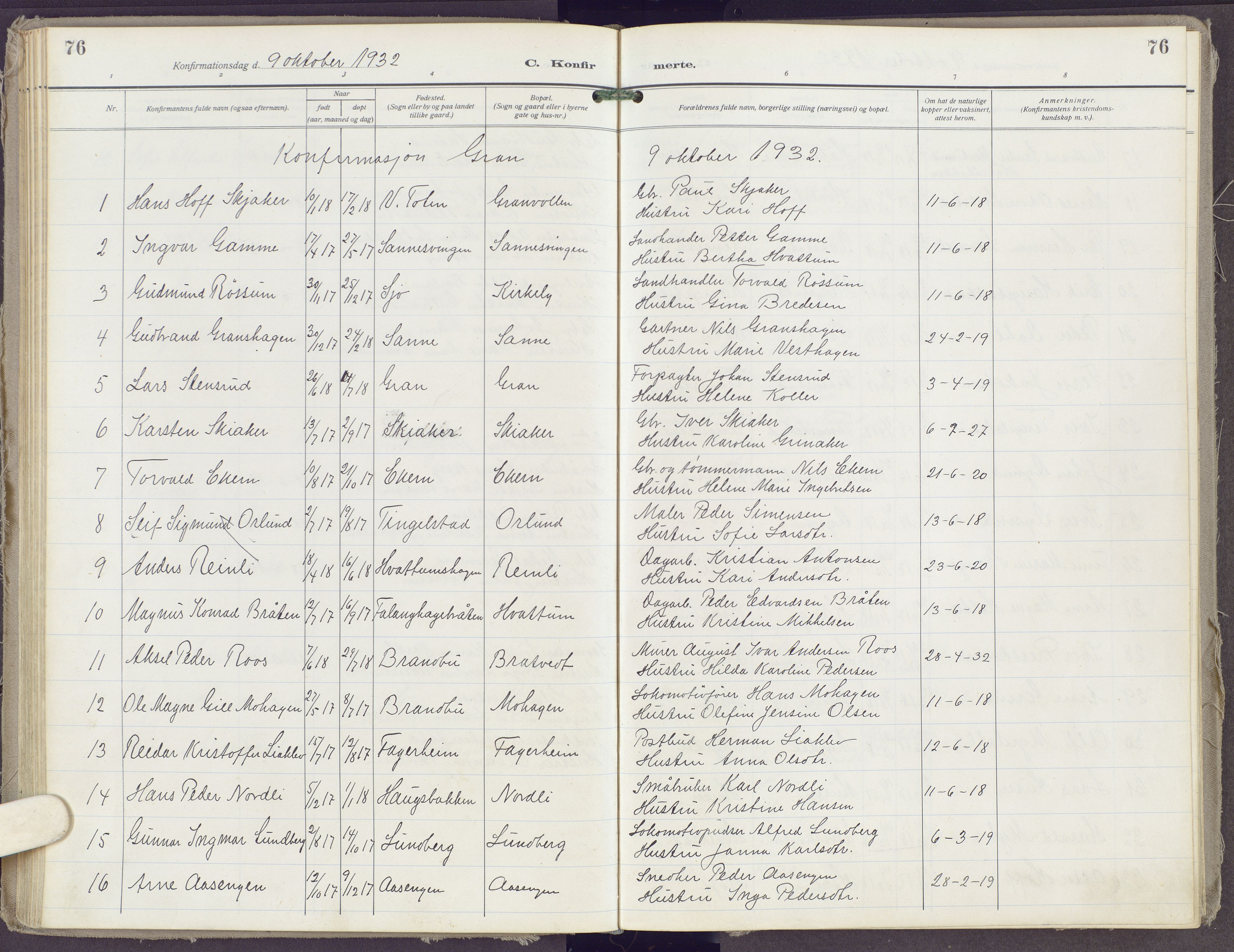 Gran prestekontor, AV/SAH-PREST-112/H/Ha/Haa/L0023: Parish register (official) no. 23, 1919-1938, p. 76