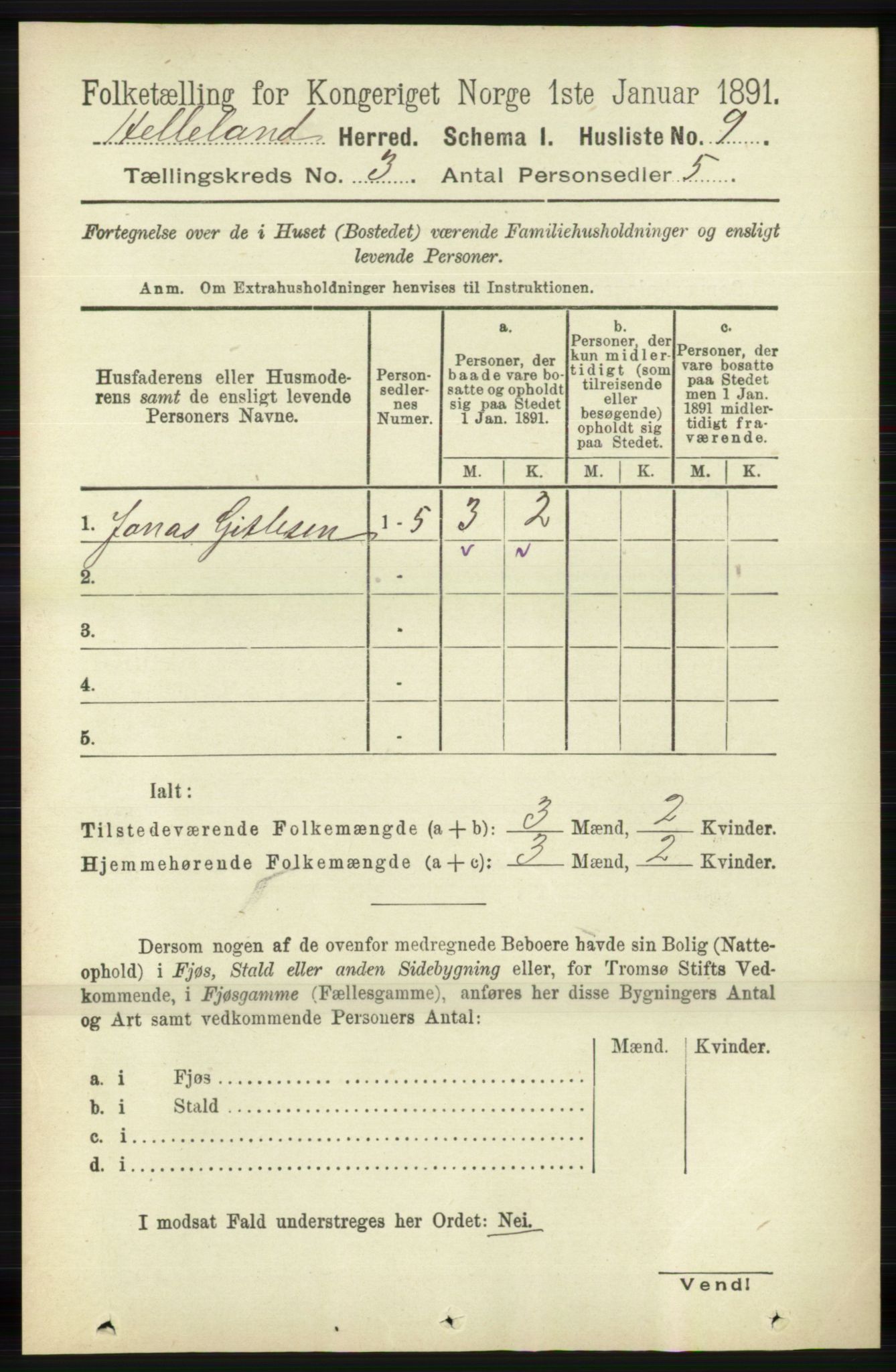 RA, 1891 census for 1115 Helleland, 1891, p. 798