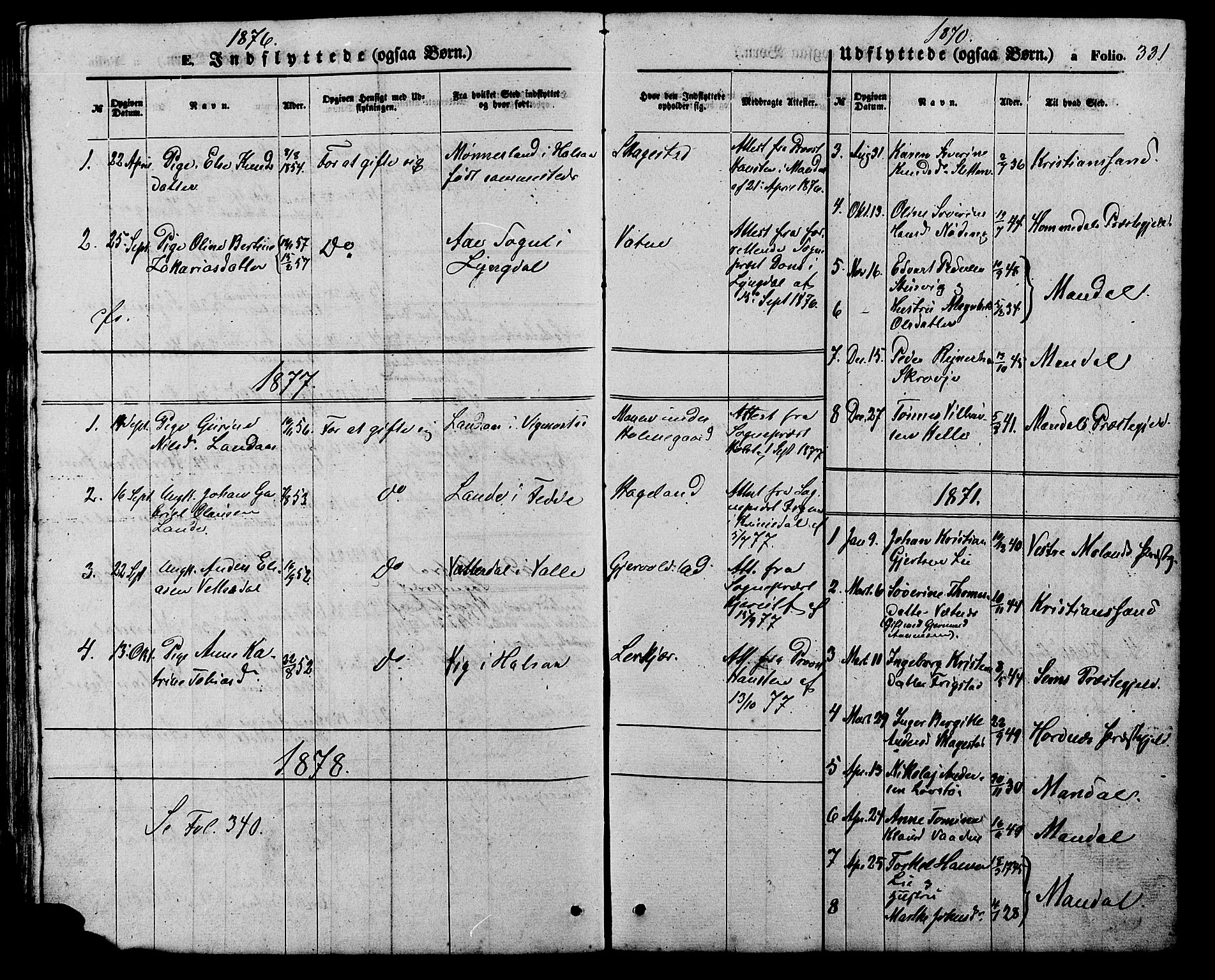 Holum sokneprestkontor, AV/SAK-1111-0022/F/Fb/Fba/L0004: Parish register (copy) no. B 4, 1867-1890, p. 331