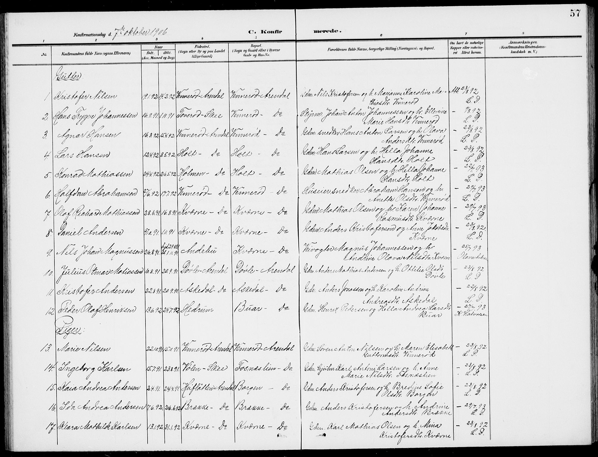 Stokke kirkebøker, AV/SAKO-A-320/G/Gc/L0001: Parish register (copy) no. III 1, 1904-1935, p. 57