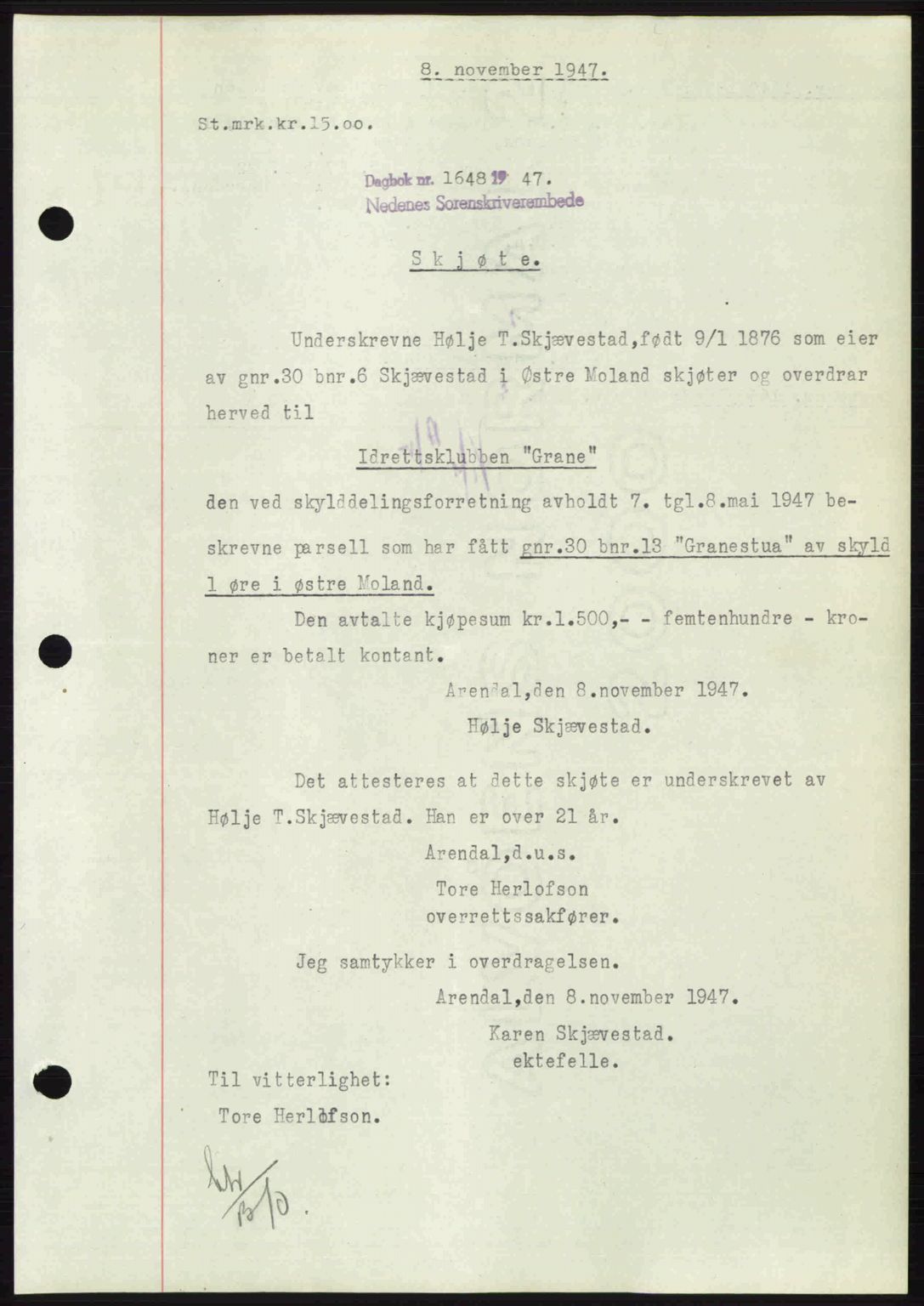 Nedenes sorenskriveri, AV/SAK-1221-0006/G/Gb/Gba/L0058: Mortgage book no. A10, 1947-1948, Diary no: : 1648/1947