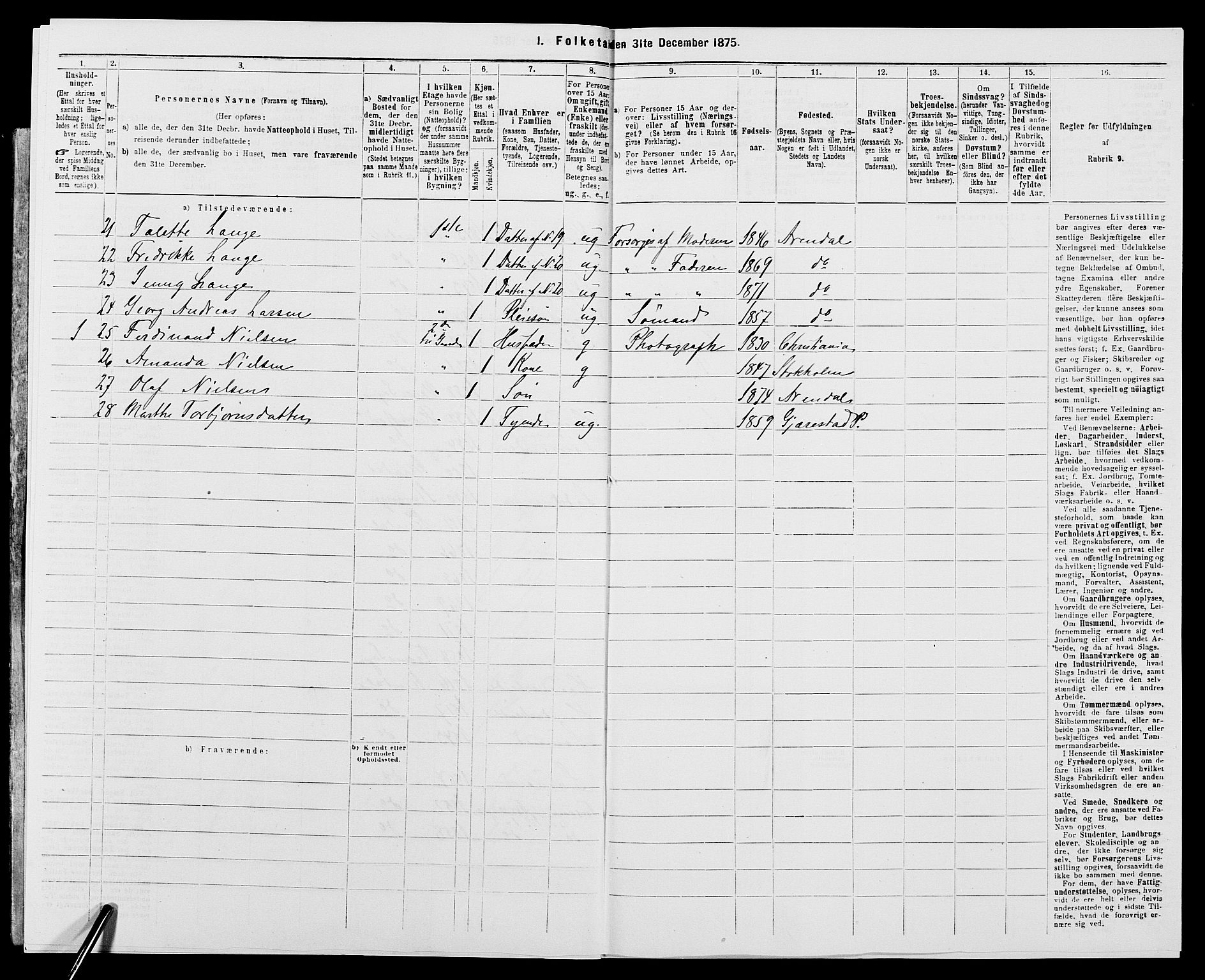 SAK, 1875 census for 0903P Arendal, 1875, p. 726