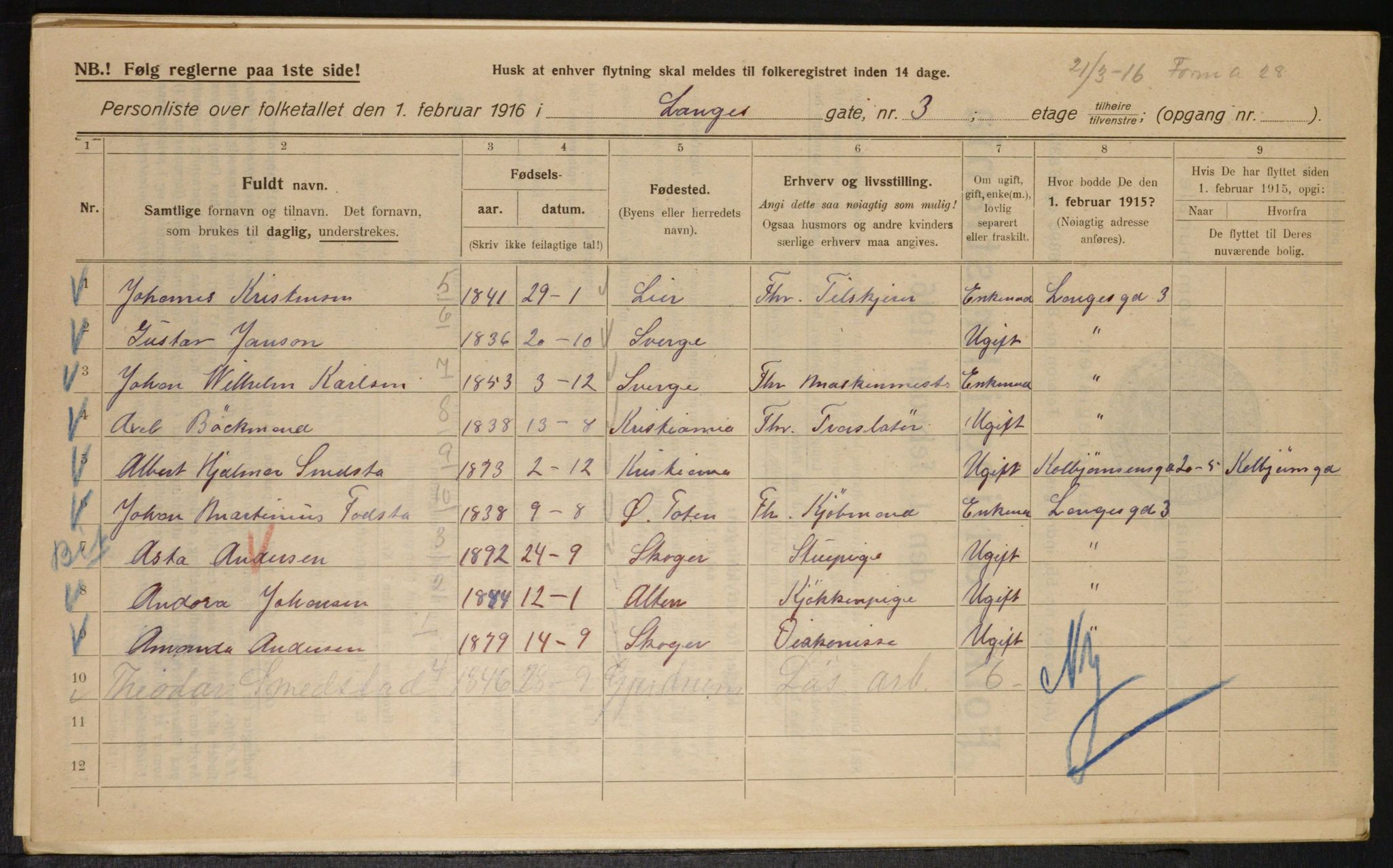 OBA, Municipal Census 1916 for Kristiania, 1916, p. 57494