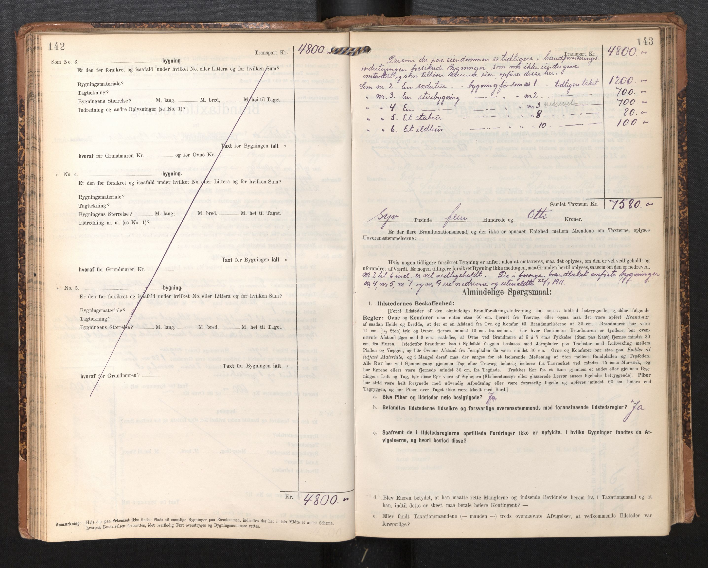 Lensmannen i Leikanger, AV/SAB-A-29201/0012/L0005: Branntakstprotokoll, skjematakst, 1907-1917, p. 142-143