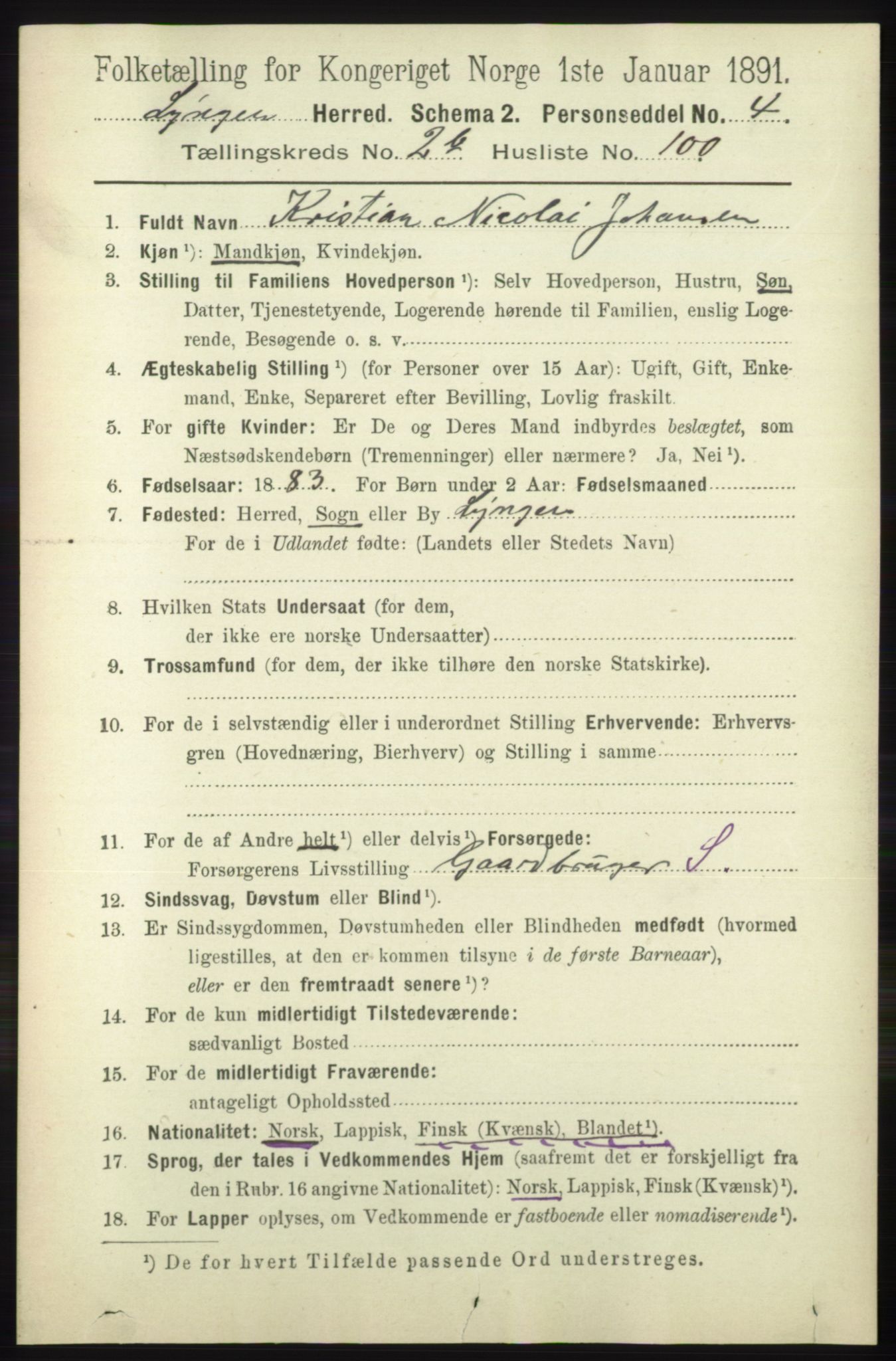 RA, 1891 census for 1938 Lyngen, 1891, p. 3061