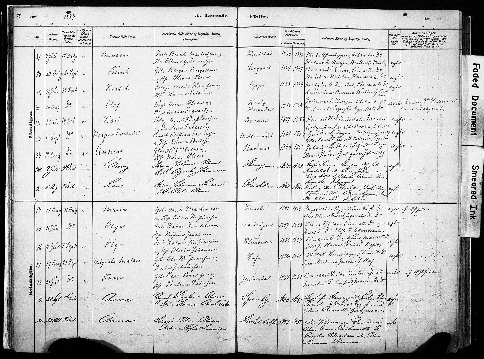 Hof prestekontor, SAH/PREST-038/H/Ha/Haa/L0010: Parish register (official) no. 10, 1878-1909, p. 28