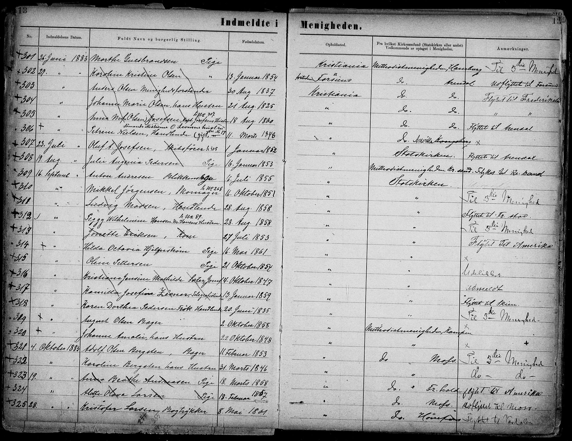 Første Metodistkirke Oslo -  menighetsprotokoller, AV/SAO-PAO-0067/F/L0002: Dissenter register no. 2, 1883-1892, p. 13