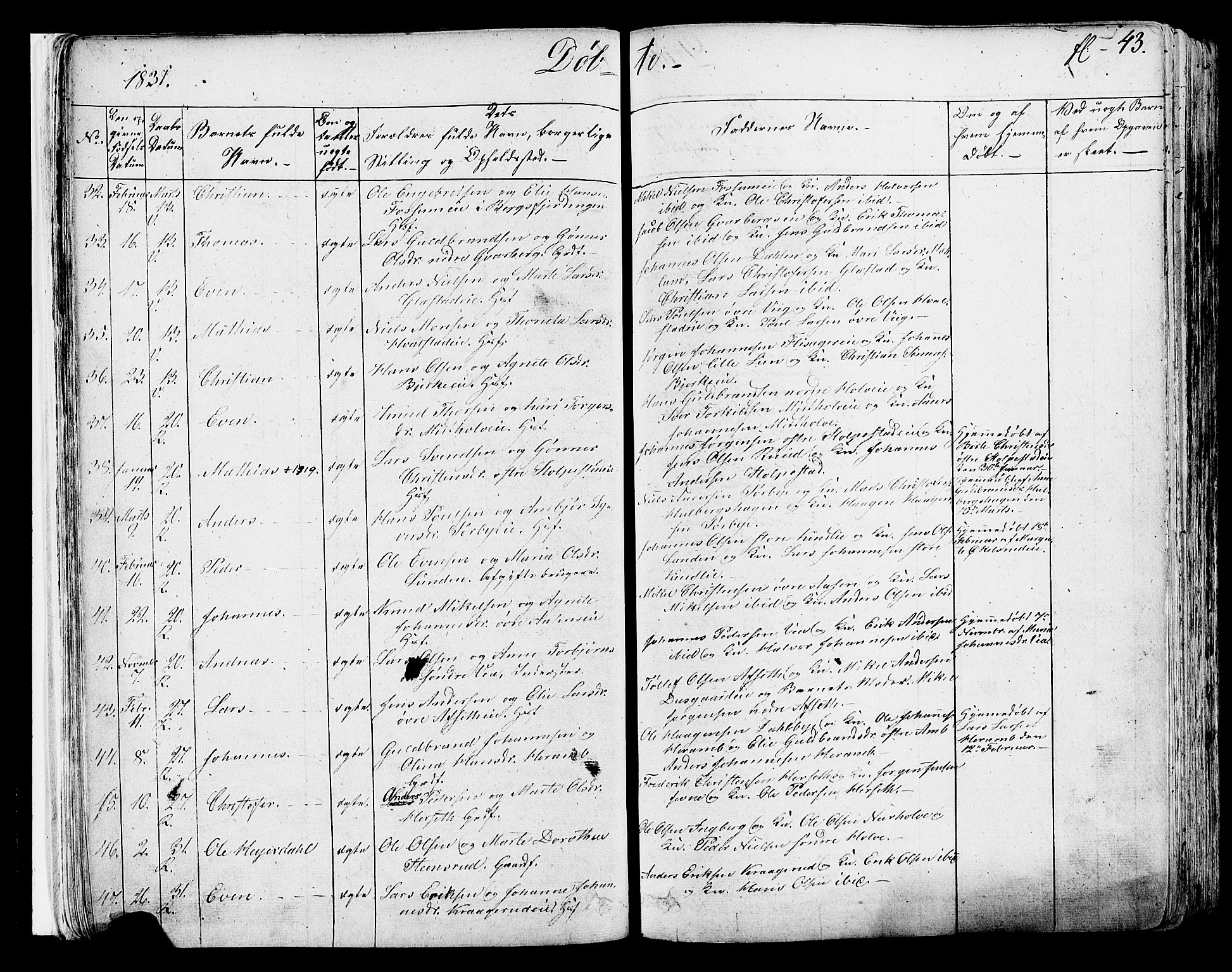 Ringsaker prestekontor, AV/SAH-PREST-014/K/Ka/L0007: Parish register (official) no. 7A, 1826-1837, p. 43