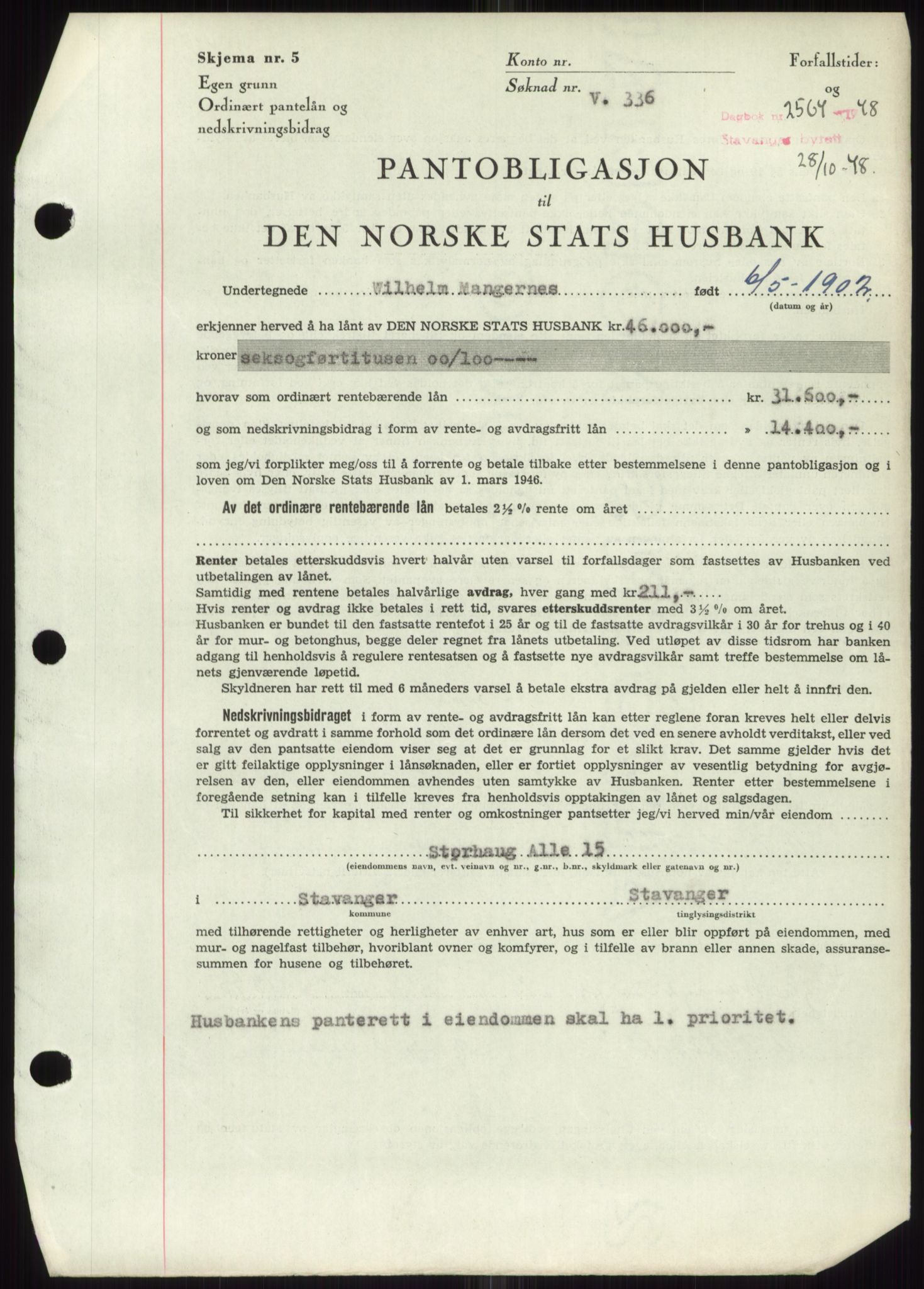 Stavanger byrett, SAST/A-100455/002/G/Gb/L0032: Mortgage book, 1947-1950, Diary no: : 2564/1948
