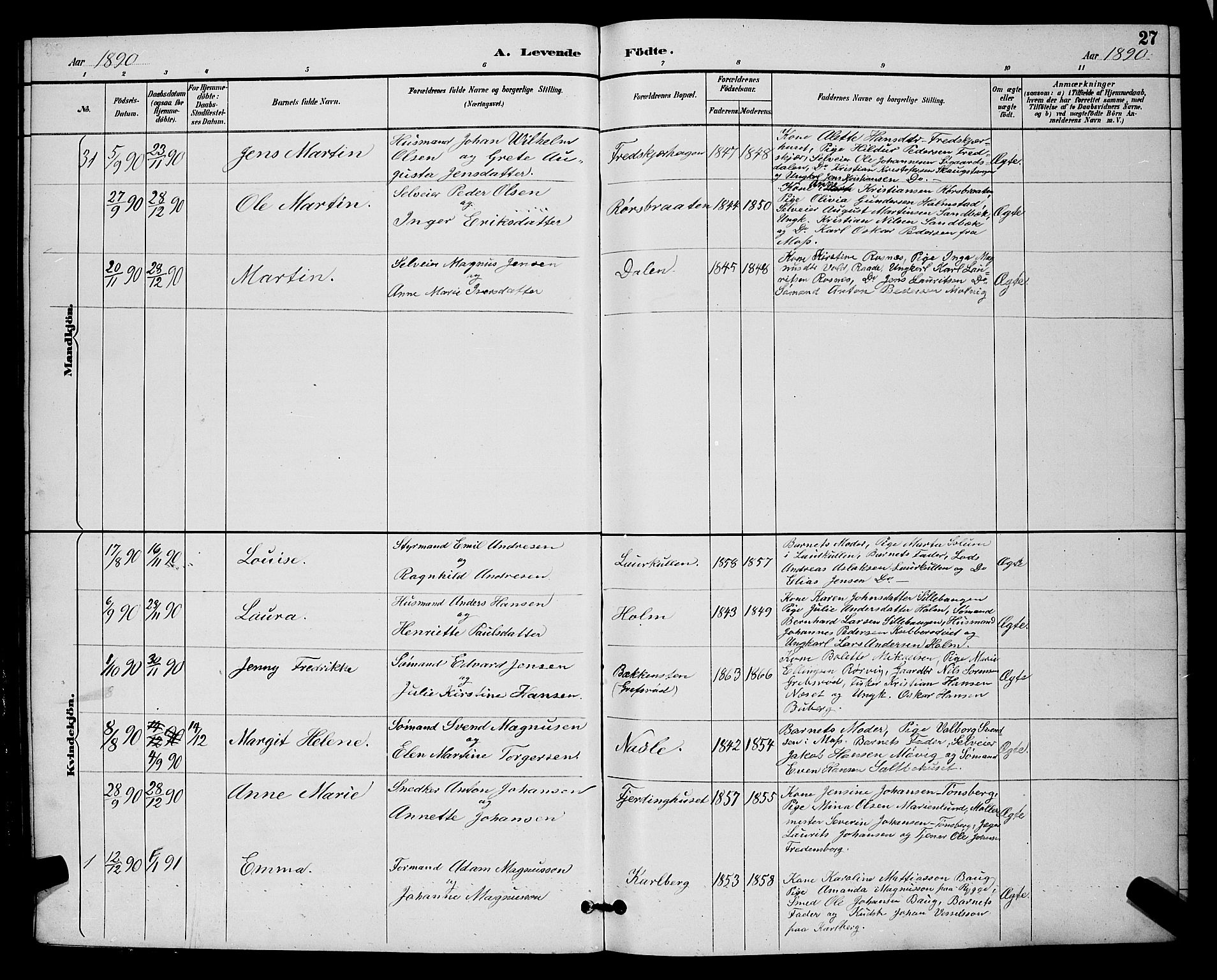 Rygge prestekontor Kirkebøker, SAO/A-10084b/G/Ga/L0002: Parish register (copy) no. 2, 1887-1905, p. 27