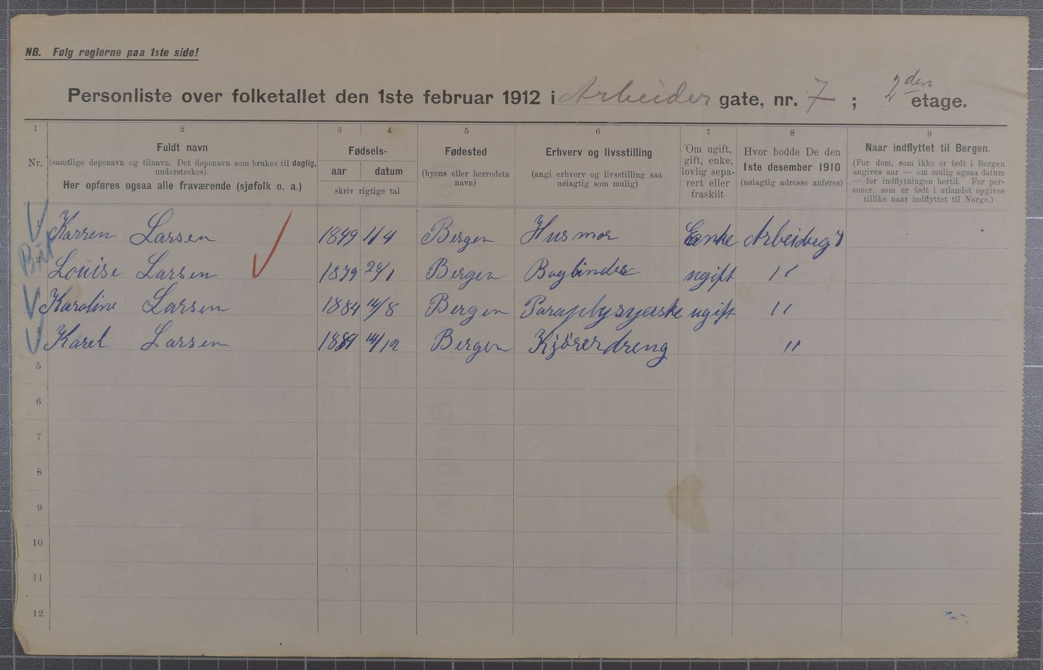 SAB, Municipal Census 1912 for Bergen, 1912, p. 1557