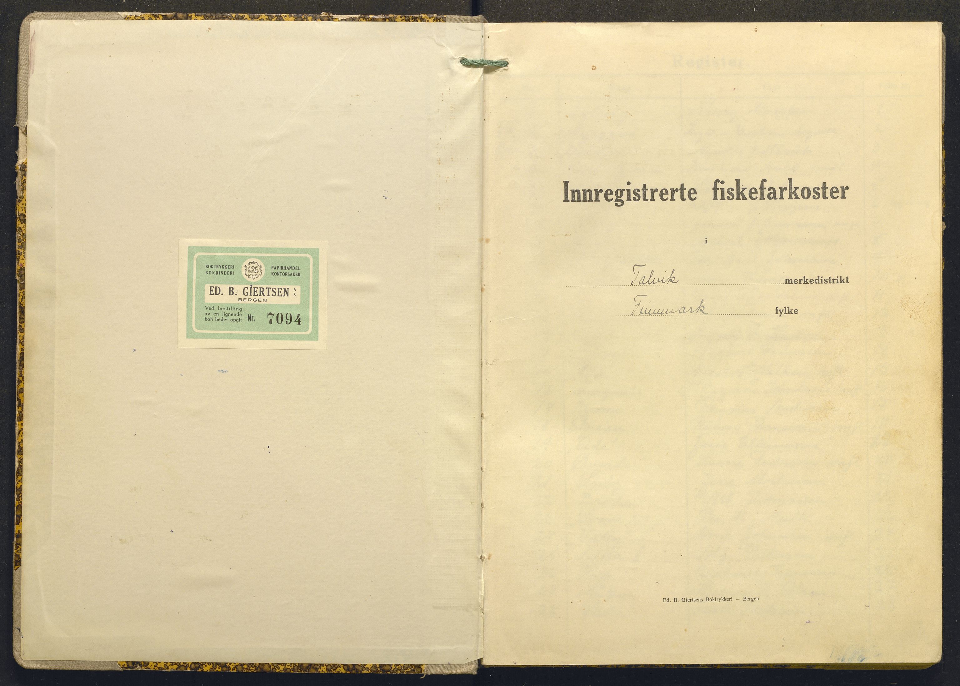 Fiskeridirektoratet - 1 Adm. ledelse - 13 Båtkontoret, AV/SAB-A-2003/I/Ia/Ia.a/L0057: 135.0119/1 Merkeprotokoll - Talvik, 1949-1957