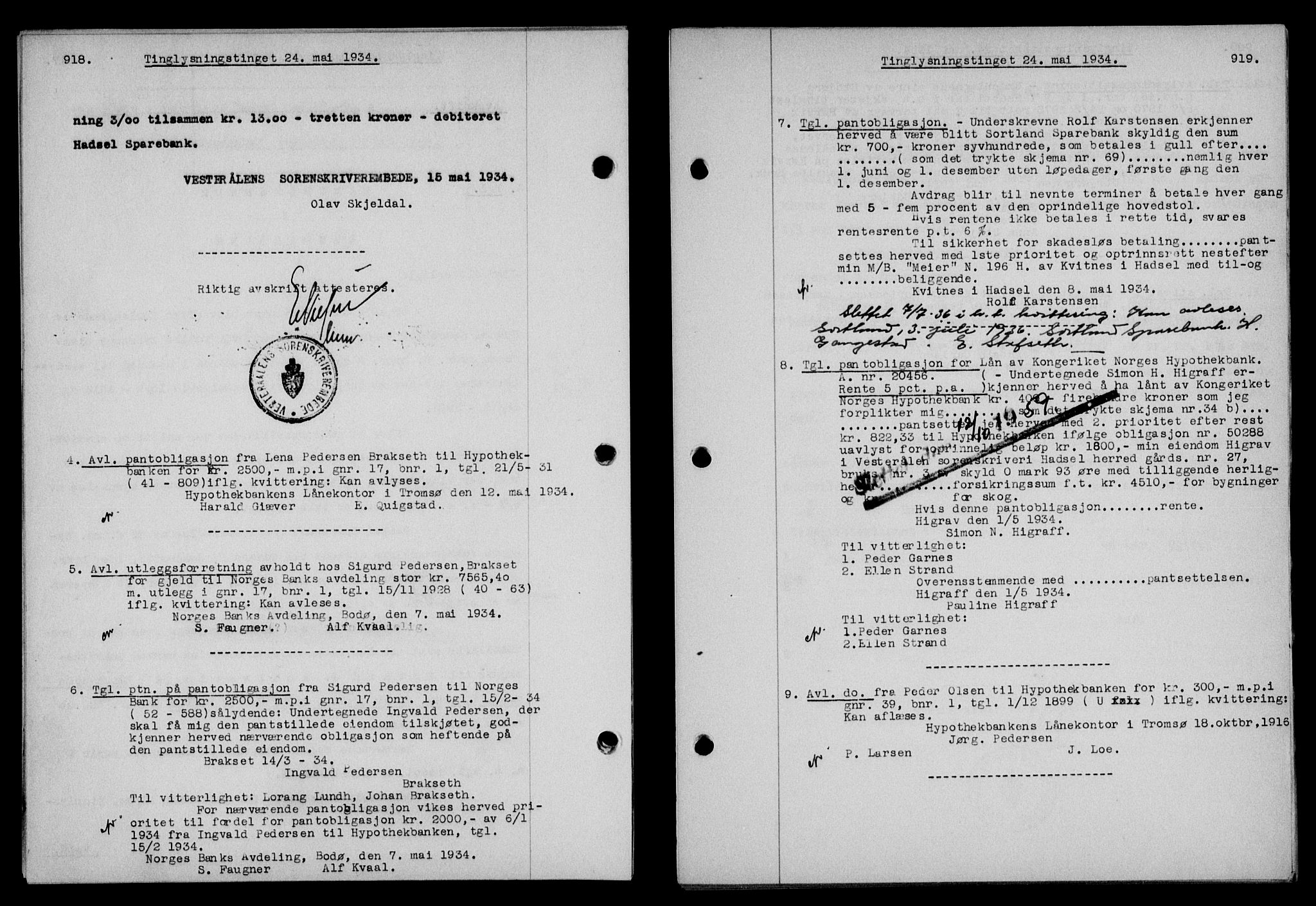 Vesterålen sorenskriveri, AV/SAT-A-4180/1/2/2Ca/L0059: Mortgage book no. 52, 1933-1934, Deed date: 24.05.1934