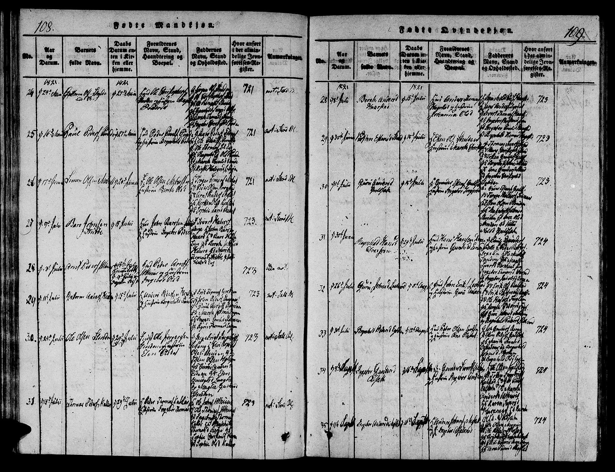 Ministerialprotokoller, klokkerbøker og fødselsregistre - Sør-Trøndelag, AV/SAT-A-1456/695/L1141: Parish register (official) no. 695A04 /1, 1816-1824, p. 108-109