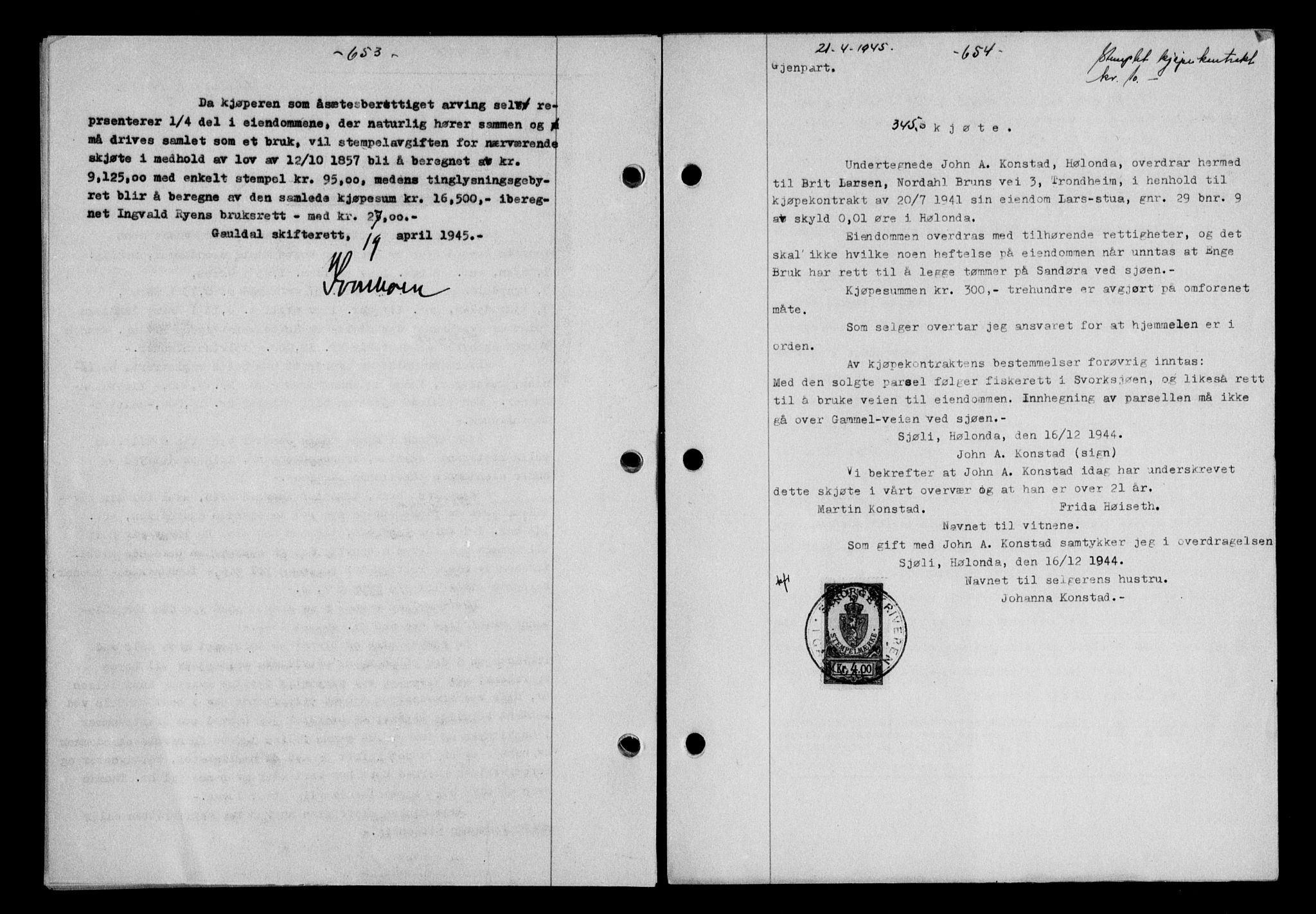 Gauldal sorenskriveri, SAT/A-0014/1/2/2C/L0058: Mortgage book no. 63, 1944-1945, Diary no: : 345/1945