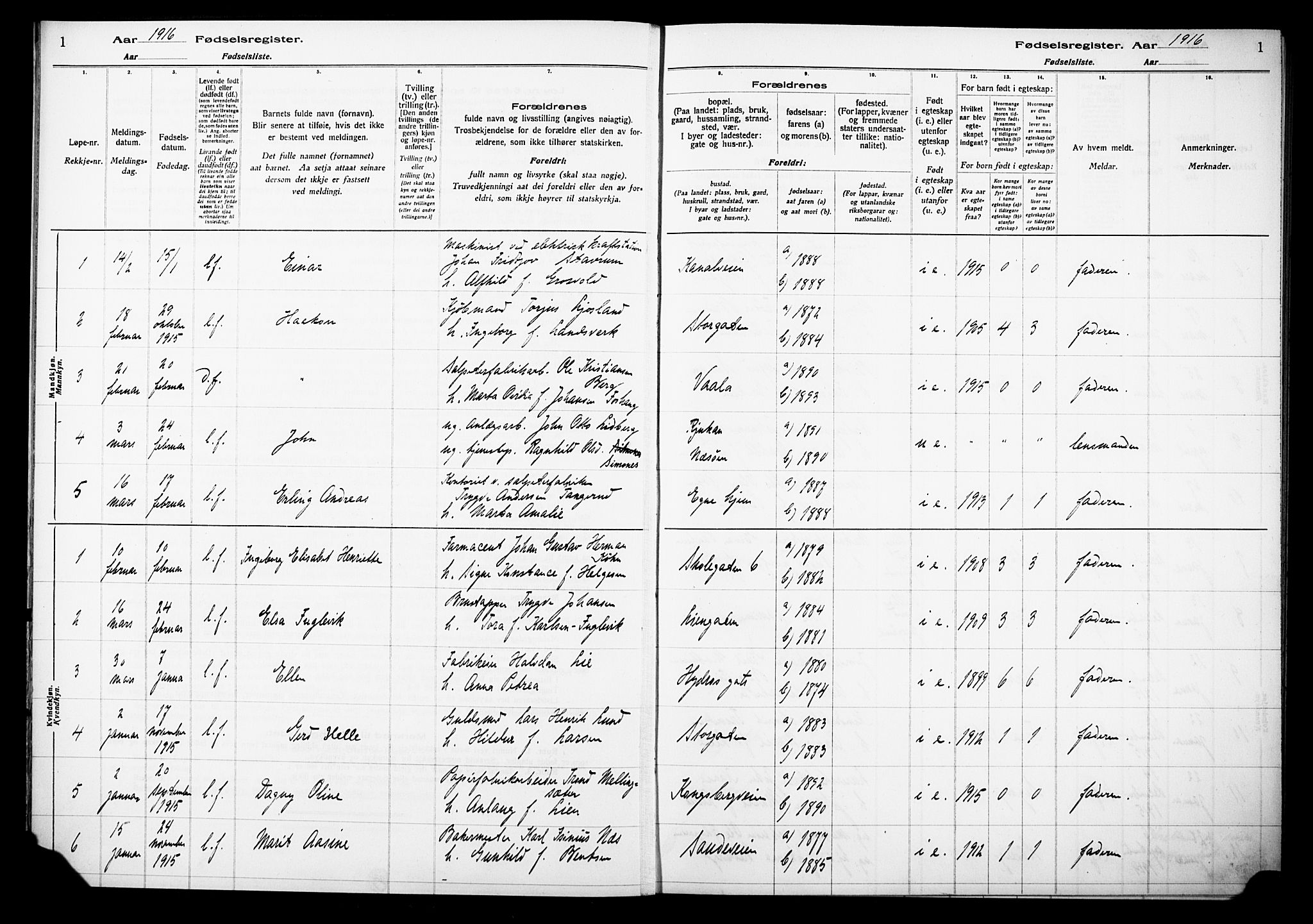 Notodden kirkebøker, SAKO/A-290/J/Ja/L0001: Birth register no. 1, 1916-1924, p. 1