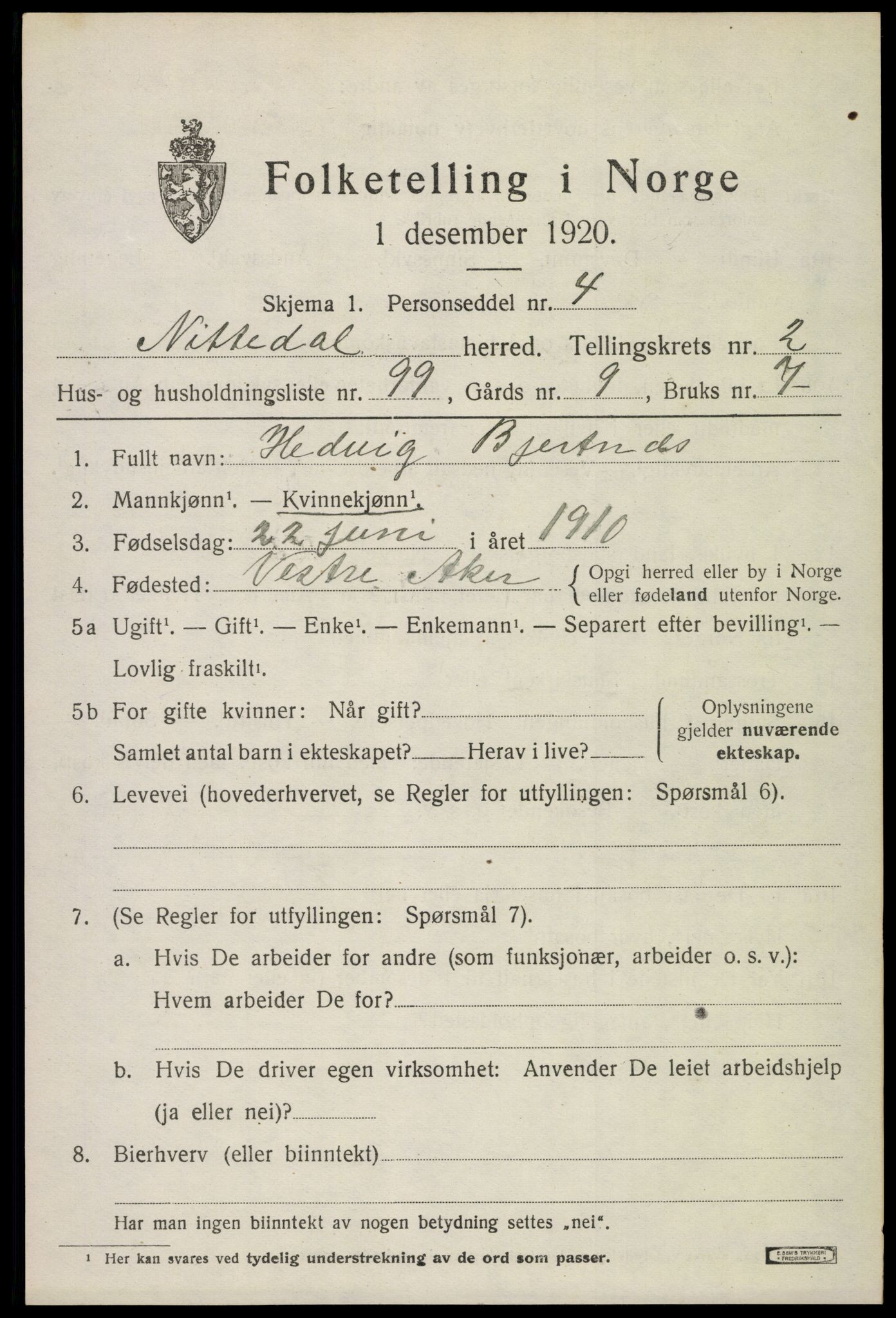 SAO, 1920 census for Nittedal, 1920, p. 2896
