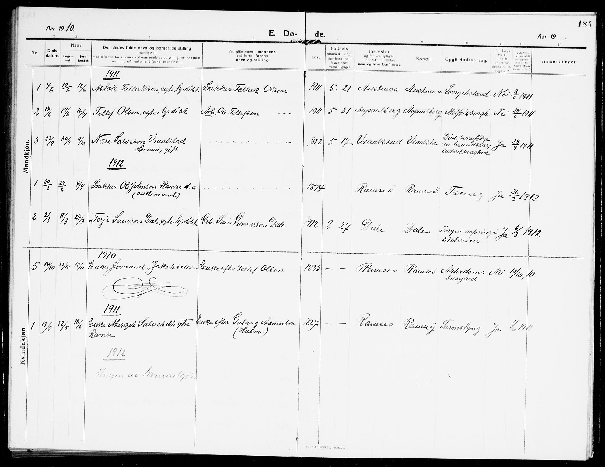 Åmli sokneprestkontor, AV/SAK-1111-0050/F/Fb/Fbb/L0003: Parish register (copy) no. B 3, 1906-1941, p. 184