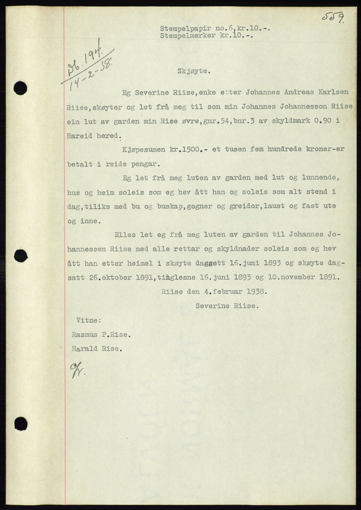 Søre Sunnmøre sorenskriveri, AV/SAT-A-4122/1/2/2C/L0064: Mortgage book no. 58, 1937-1938, Diary no: : 194/1938