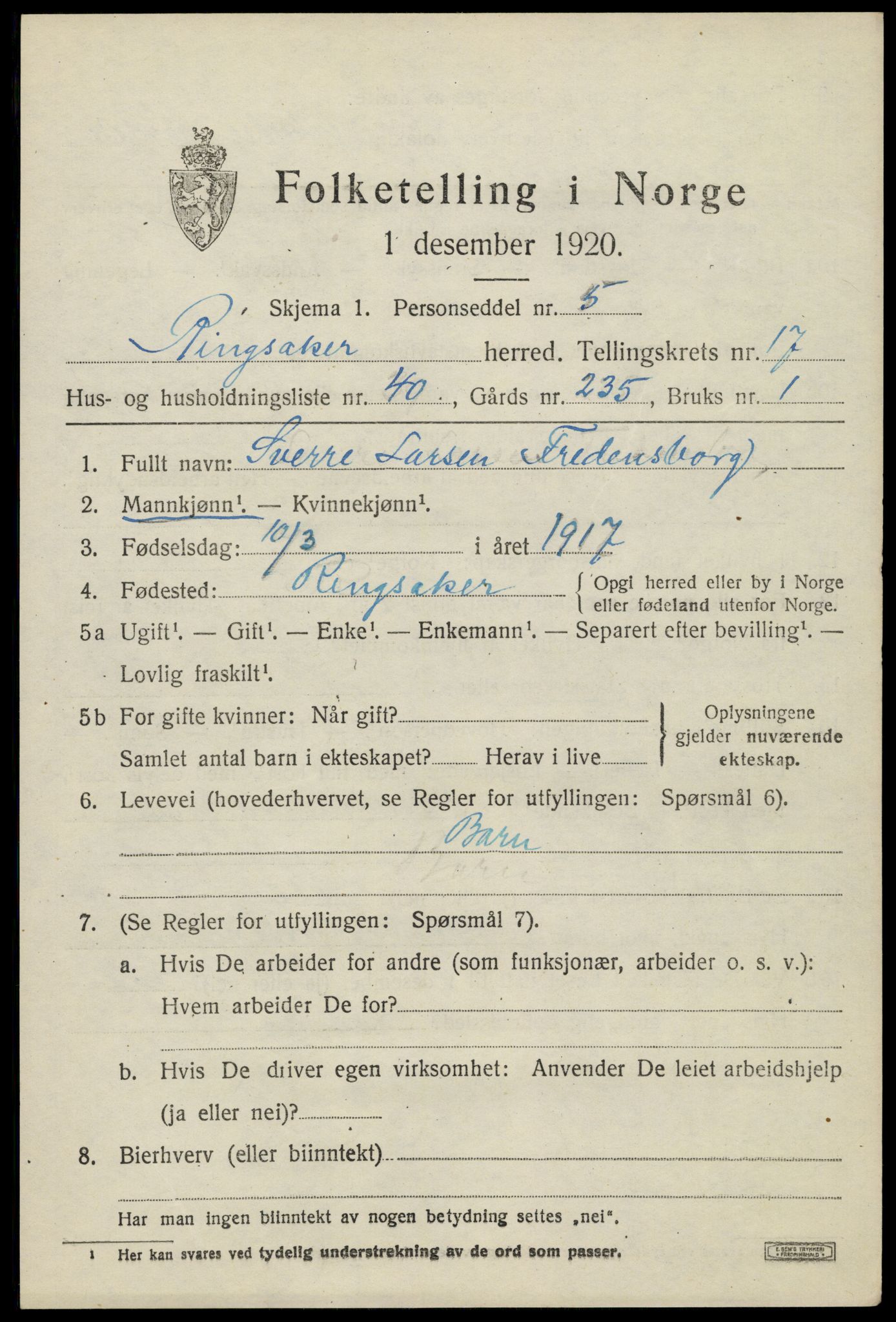 SAH, 1920 census for Ringsaker, 1920, p. 24132