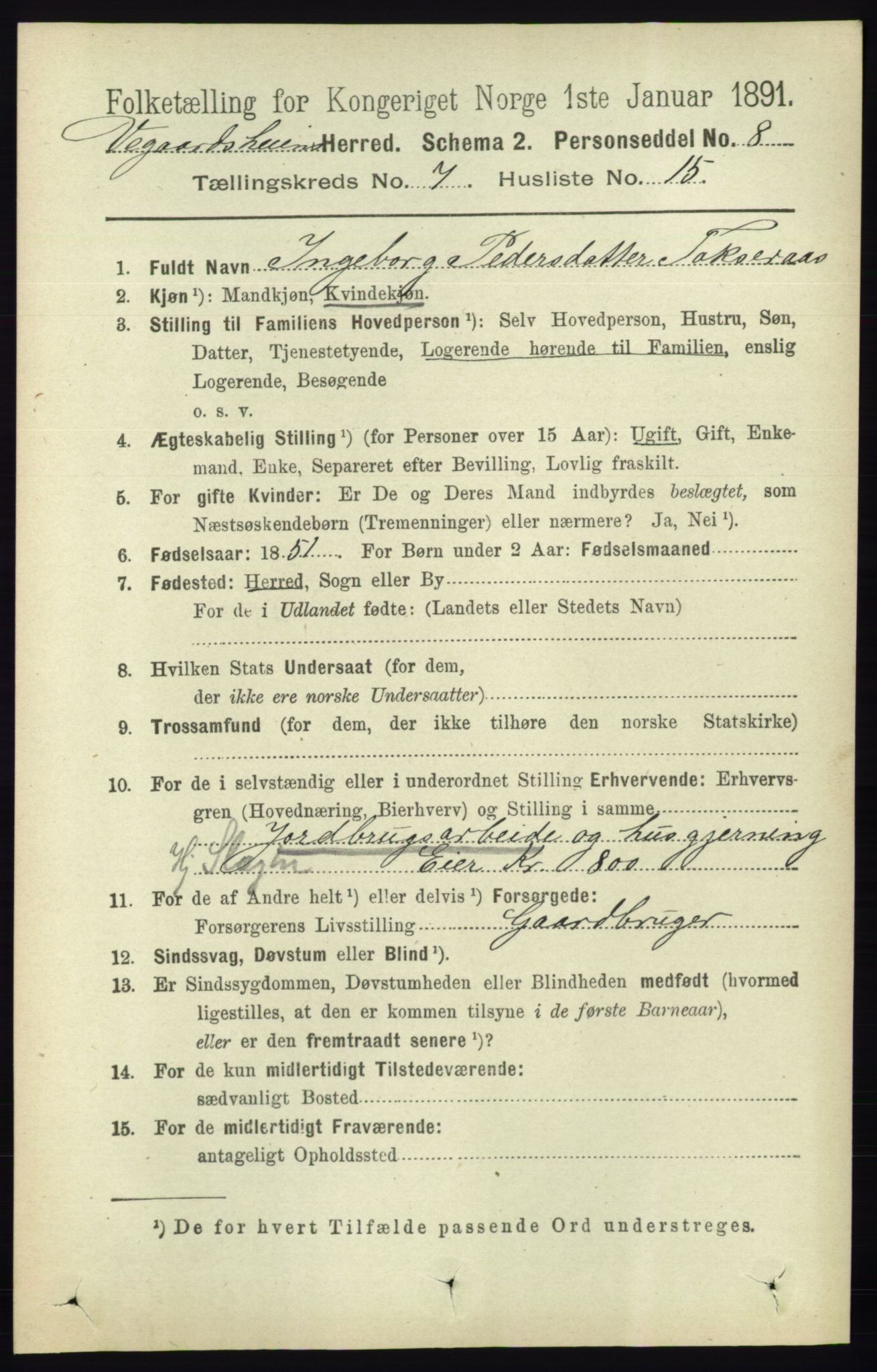 RA, 1891 census for 0912 Vegårshei, 1891, p. 1440