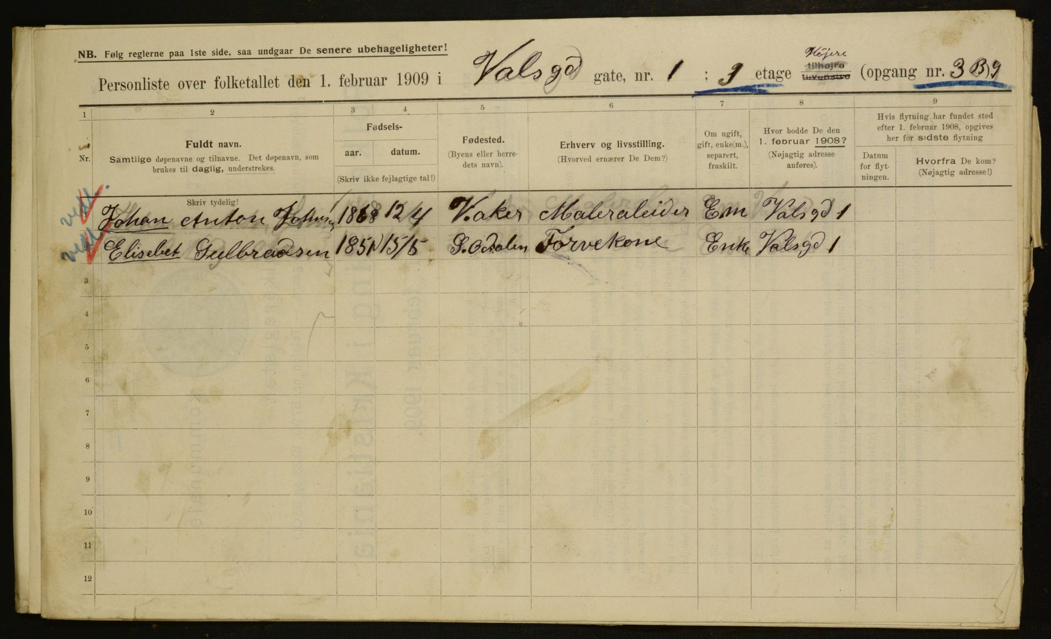 OBA, Municipal Census 1909 for Kristiania, 1909, p. 110139