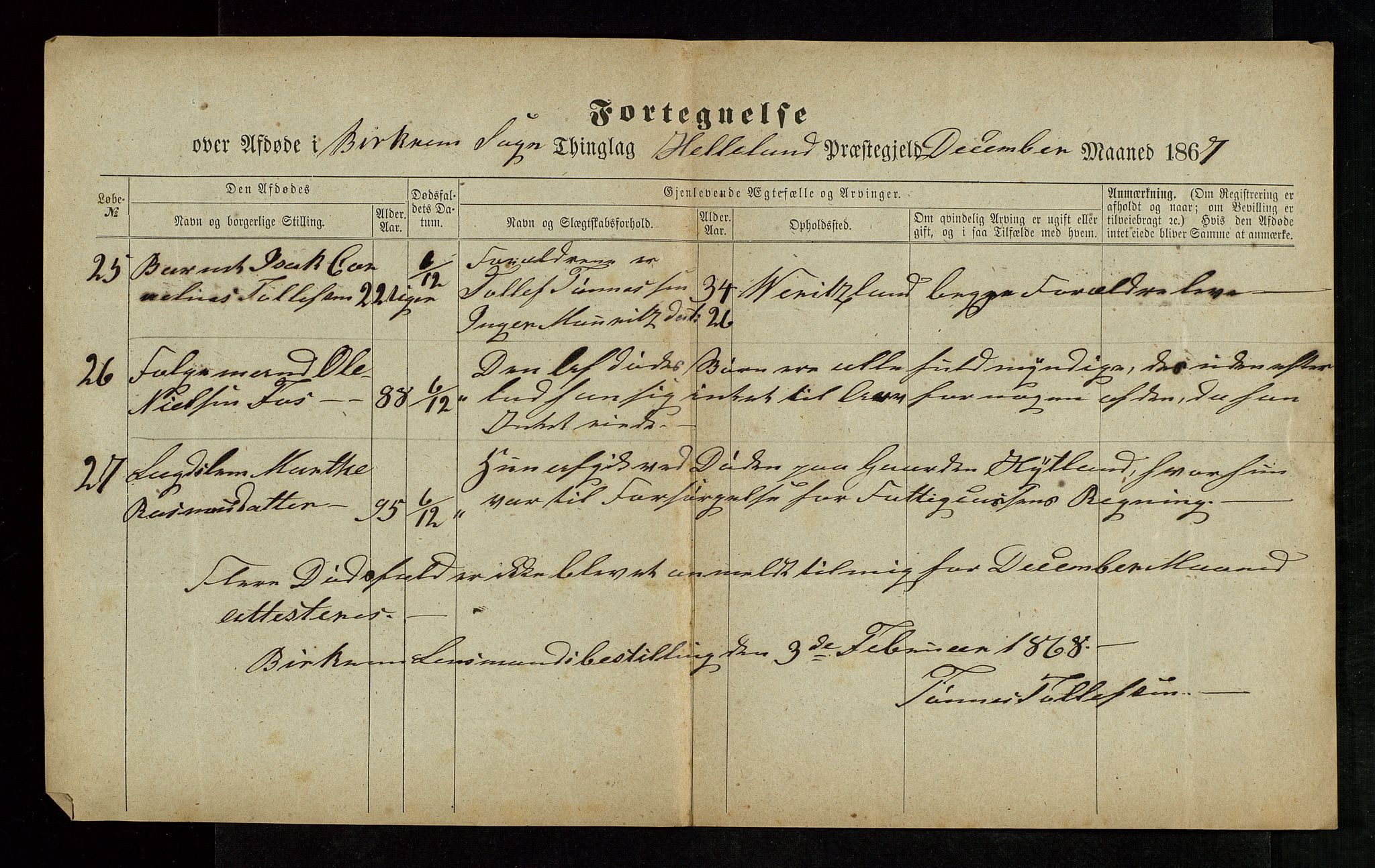 Jæren og Dalane sorenskriveri, AV/SAST-A-100306/5/52AB/L0004: DØDSFALL-LISTER DALANE, 1865-1868, p. 38