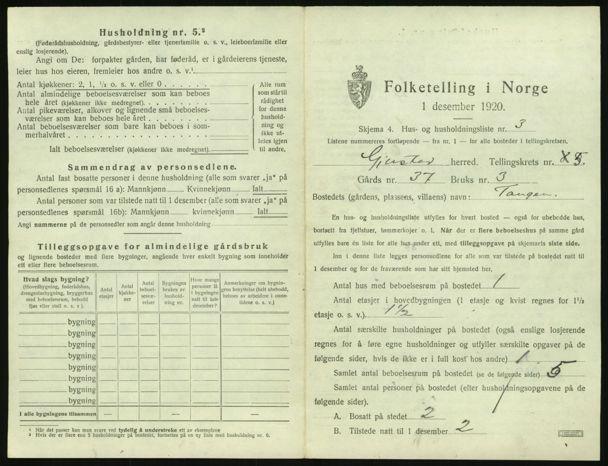 SAK, 1920 census for Gjerstad, 1920, p. 443