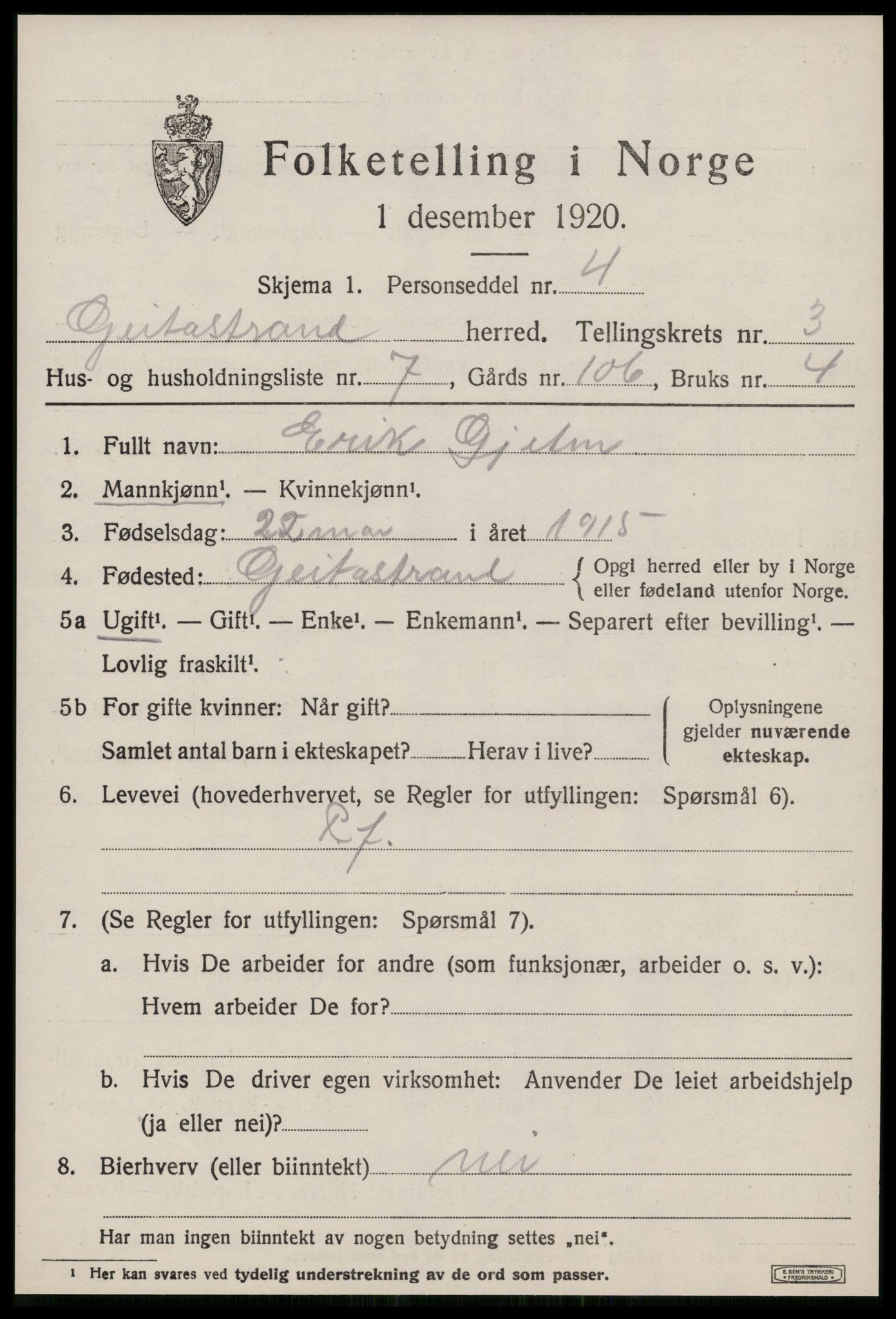 SAT, 1920 census for Geitastrand, 1920, p. 1385