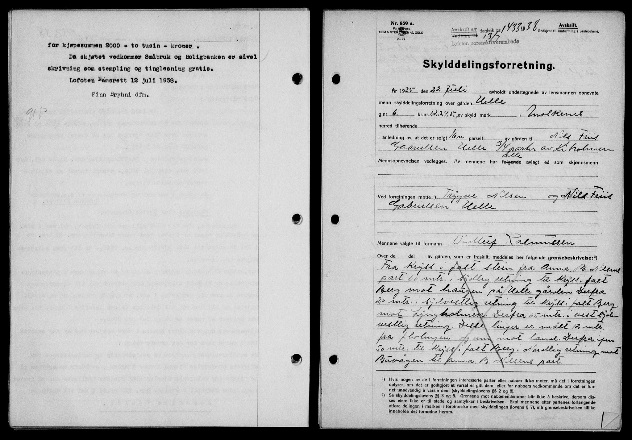 Lofoten sorenskriveri, SAT/A-0017/1/2/2C/L0004a: Mortgage book no. 4a, 1938-1938, Diary no: : 1433/1938
