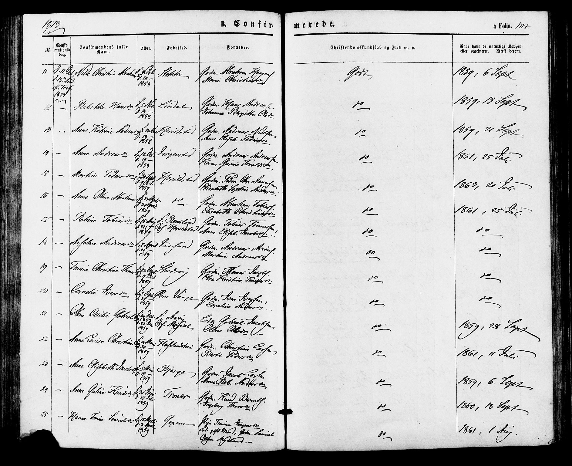 Sør-Audnedal sokneprestkontor, SAK/1111-0039/F/Fa/Faa/L0003: Parish register (official) no. A 3, 1868-1883, p. 104