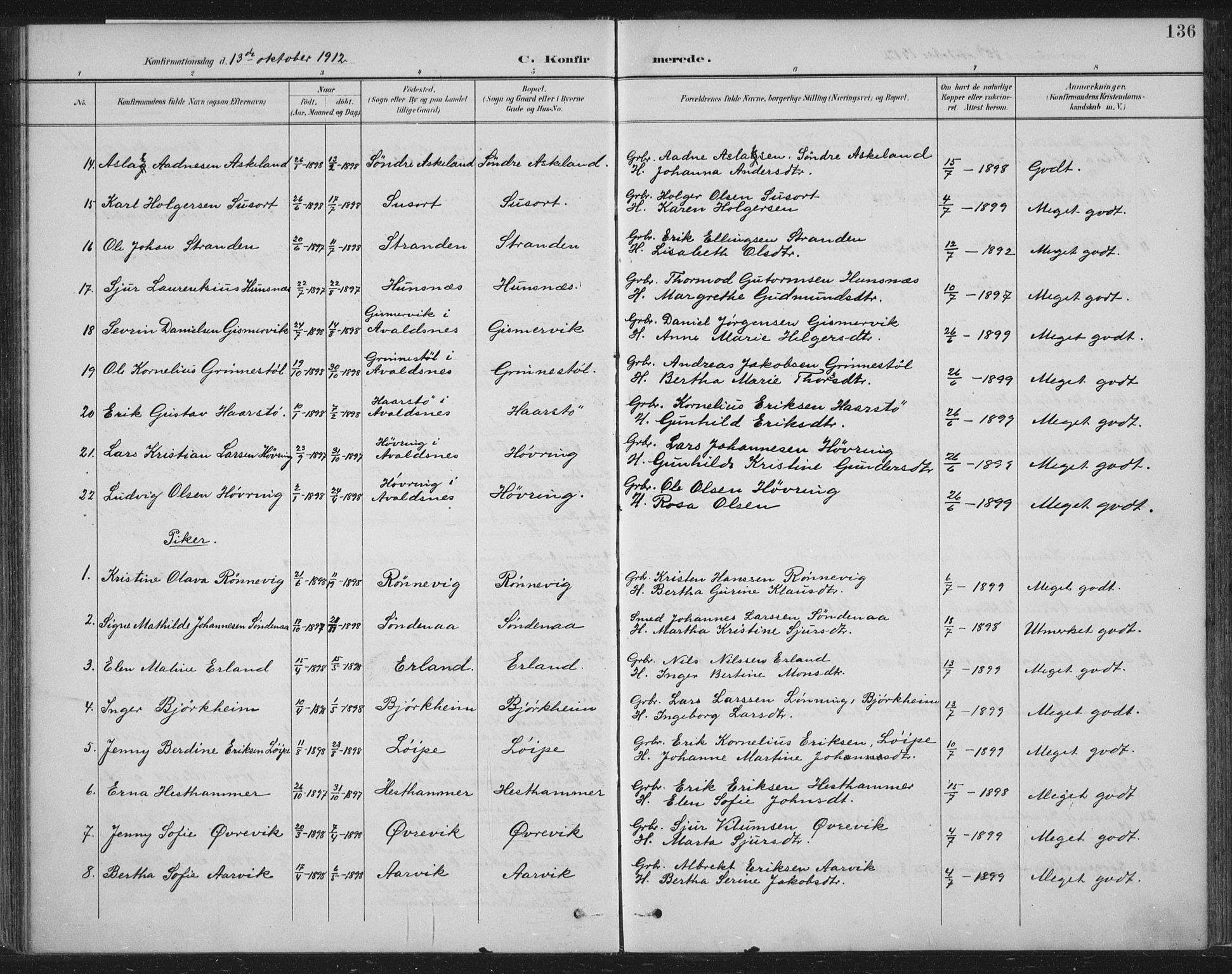 Tysvær sokneprestkontor, AV/SAST-A -101864/H/Ha/Haa/L0008: Parish register (official) no. A 8, 1897-1918, p. 136