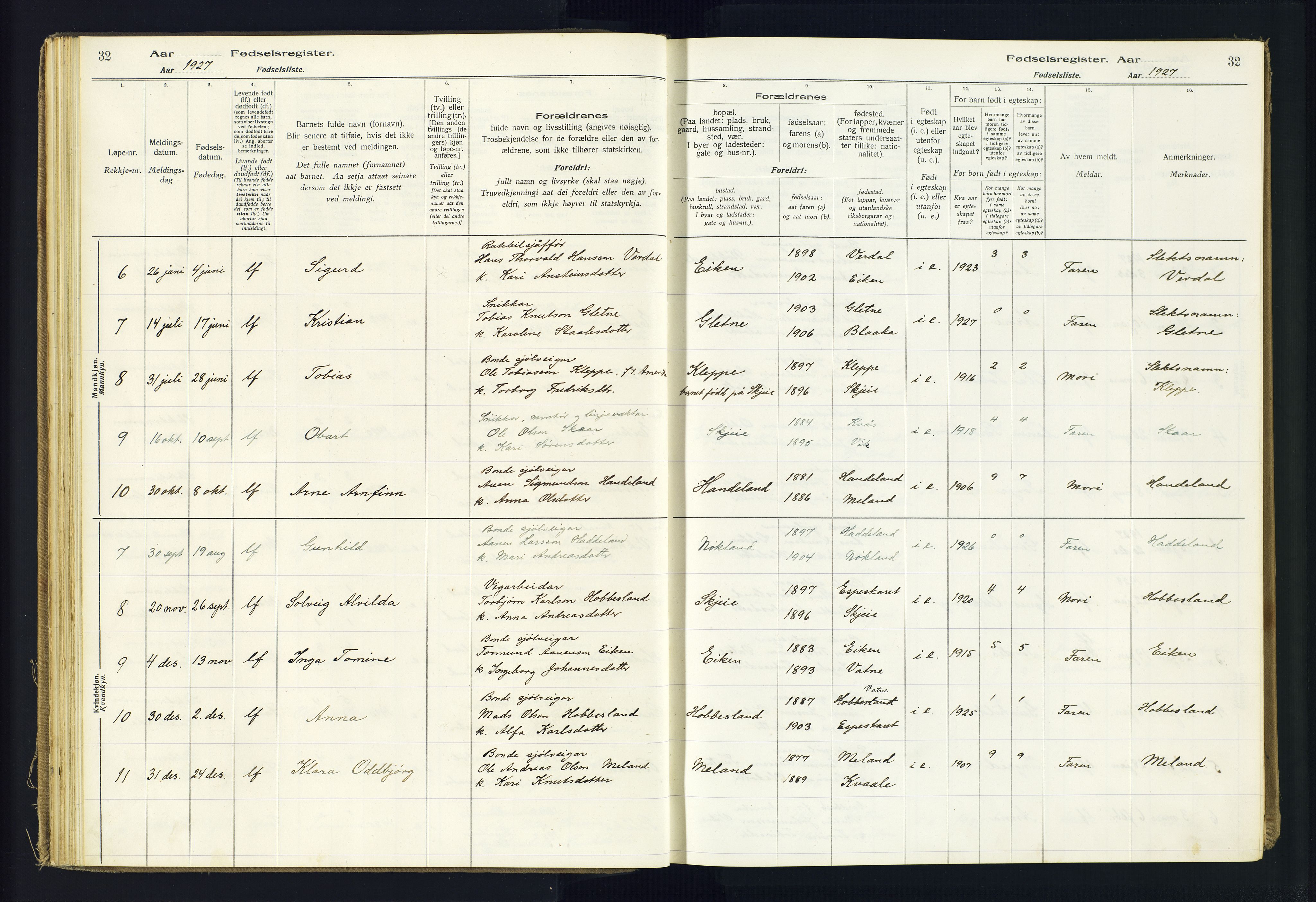 Hægebostad sokneprestkontor, AV/SAK-1111-0024/J/Ja/L0002: Birth register no. II.6.8, 1916-1982, p. 32