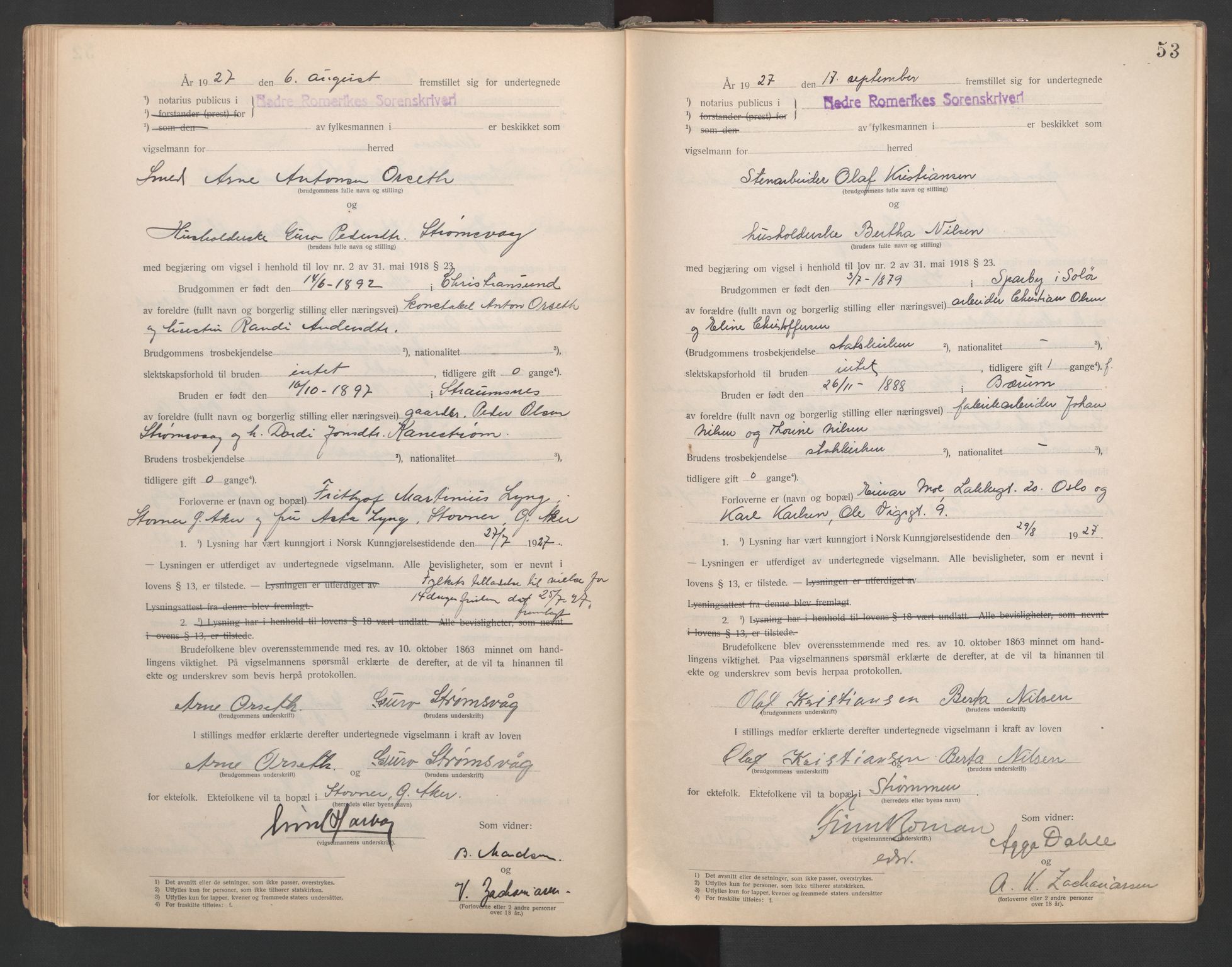 Nedre Romerike sorenskriveri, AV/SAO-A-10469/L/Lb/L0001: Vigselsbok - borgerlige vielser, 1920-1935, p. 53