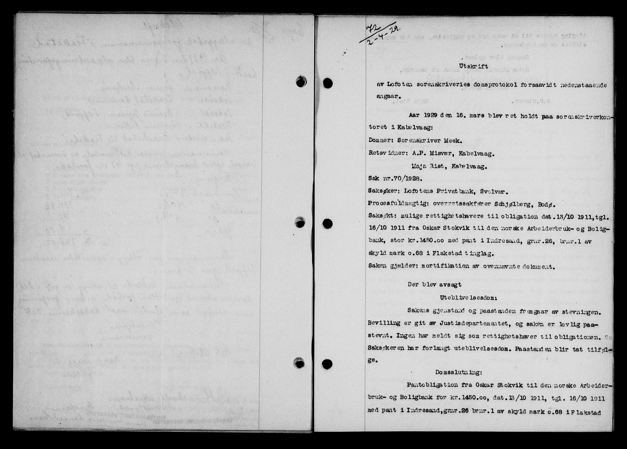 Lofoten sorenskriveri, SAT/A-0017/1/2/2C/L0019b: Mortgage book no. 19b, 1929-1929, Deed date: 02.04.1929