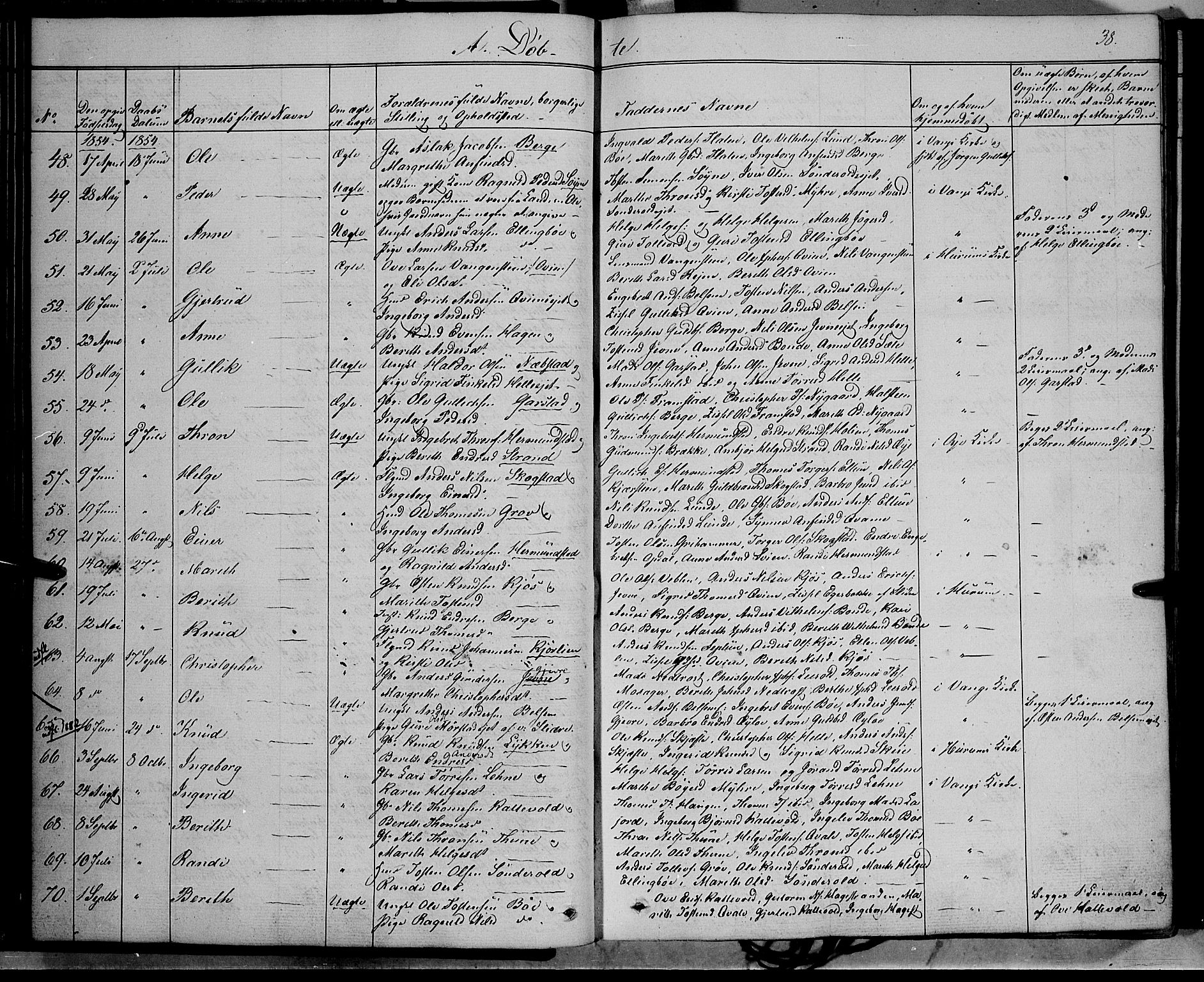 Vang prestekontor, Valdres, SAH/PREST-140/H/Ha/L0006: Parish register (official) no. 6, 1846-1864, p. 38